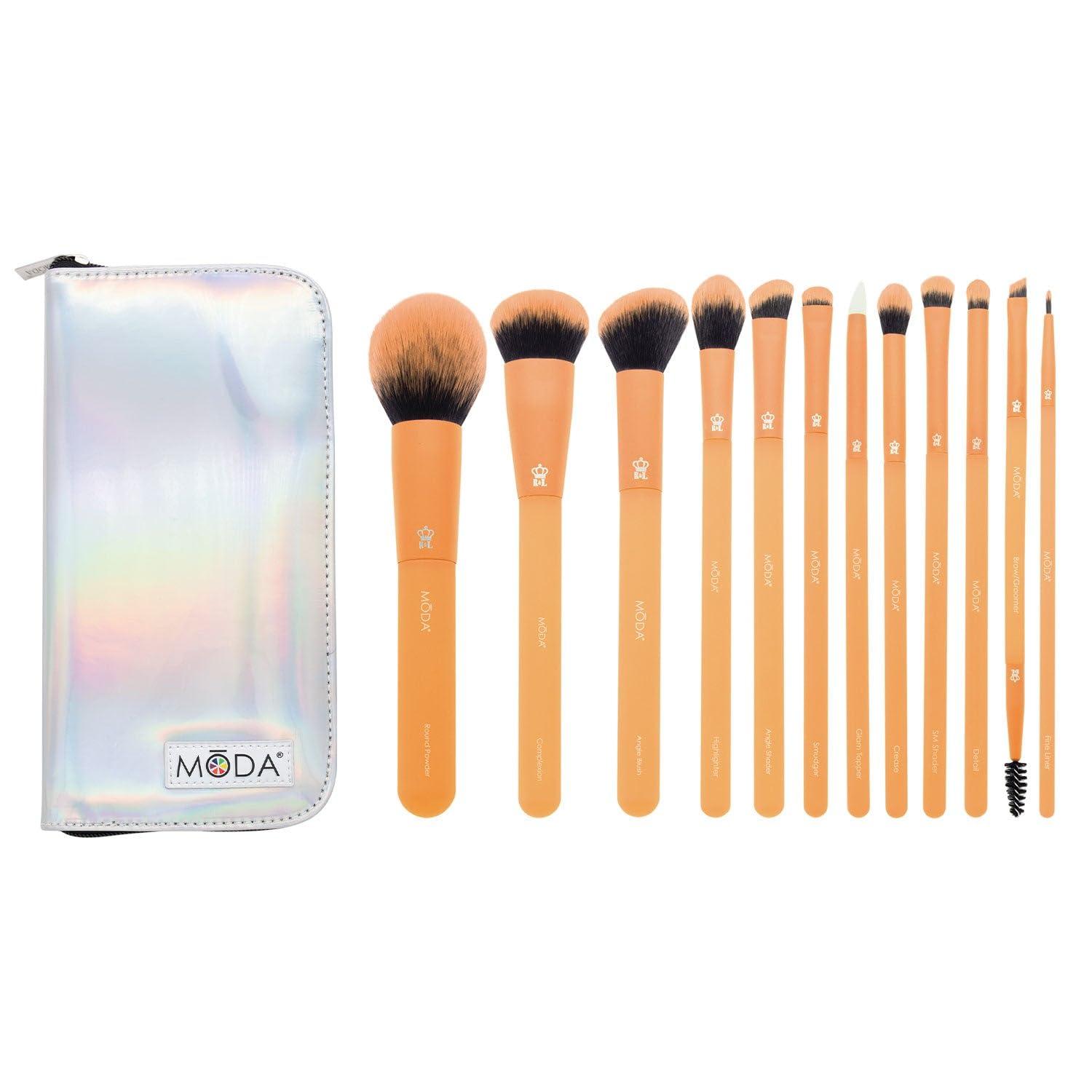 MODA MODA Totally Electric 13pc Full Face Makeup Brush Set, Includes - Powder, Complexion, Blush, Shader, Smudger & Crease Brushes with Zip Case (Neon Orange)