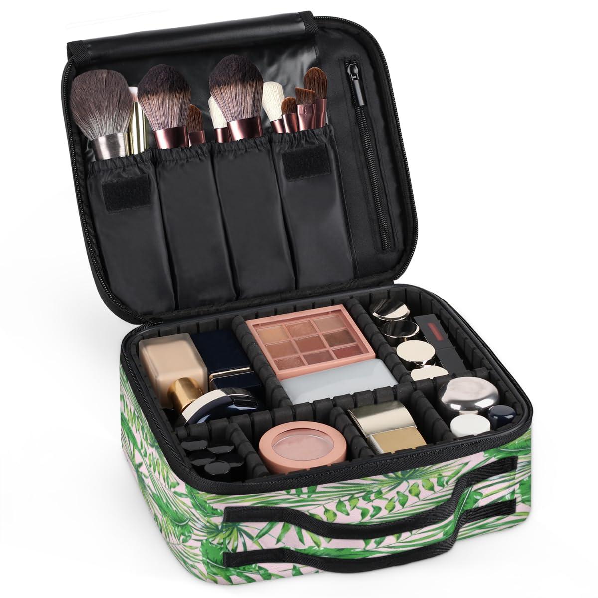QsirBC QsirBC Makeup Train Case with Adjustable Dividers, Portable Make Up Bag for Women, Toiletry Bag for Men with Waterproof Brush Cover, Palm Tree Leaves Travel Makeup Organizer Makeup Box