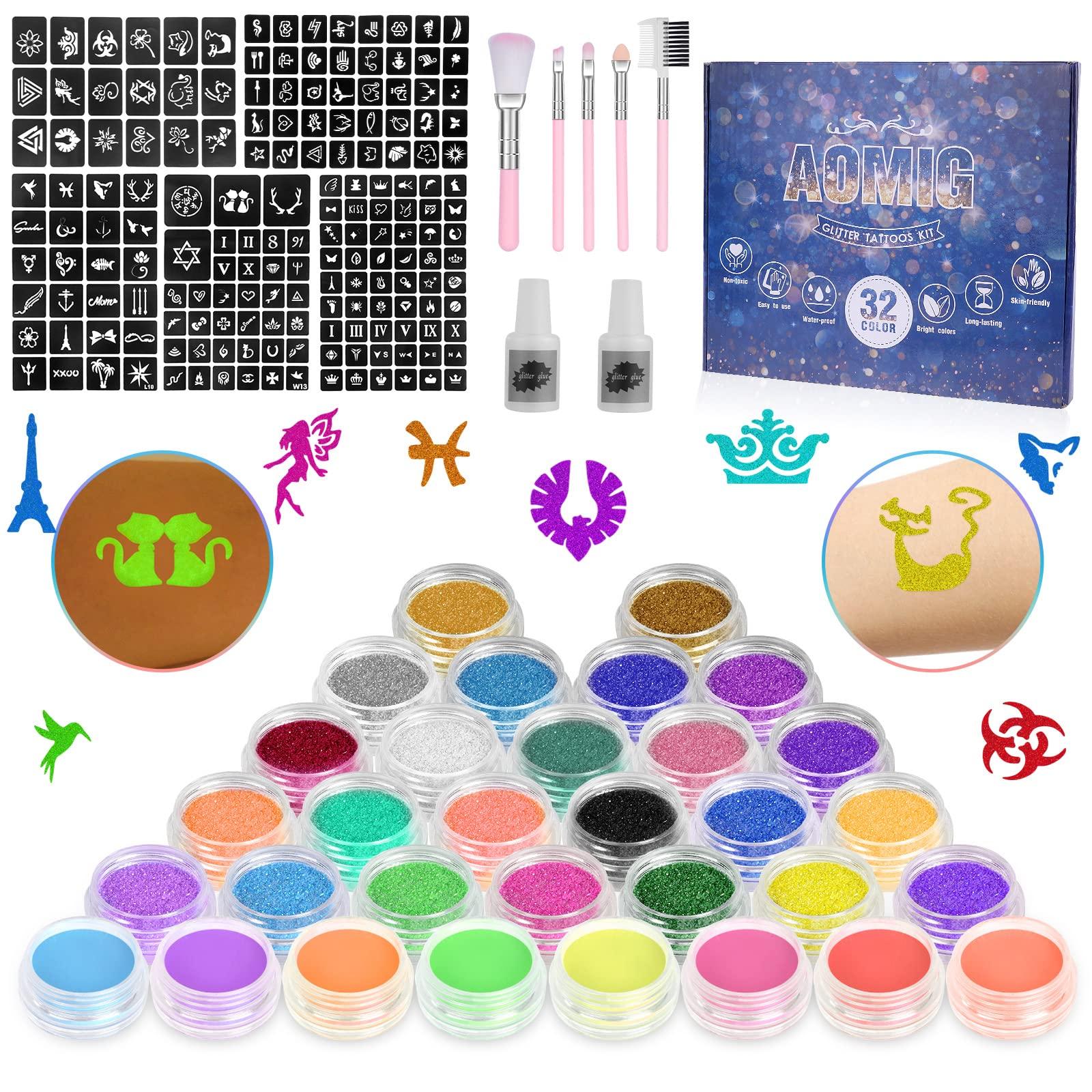AOMIG AOMIG Glitter Tattoo Kit, Kids Temporary Tattoo Set - 24 Colours Glitter, 8 Fluorescent Powder, 172 Stencils, Unique Body Nail Glitter Safe Body Make-up for Kids and Adults Birthday Party