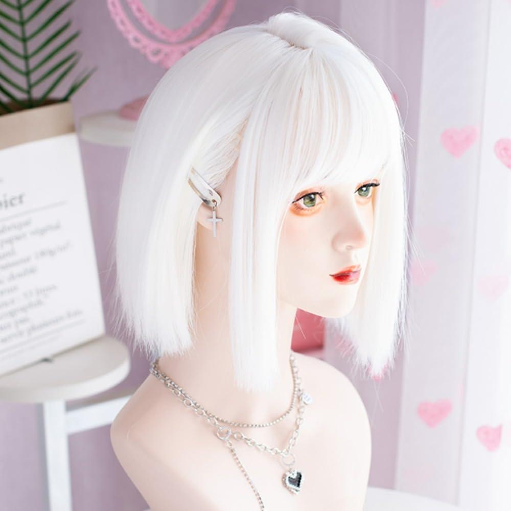 SCORRO White Wig - Cyberpunk Sci-fi Goth Style Synthetic Hair Wigs with Bangs for Women, Long Wavy Wig, Long Straight Wig, Short Bob Wig Options Available (12\" white straight wig)