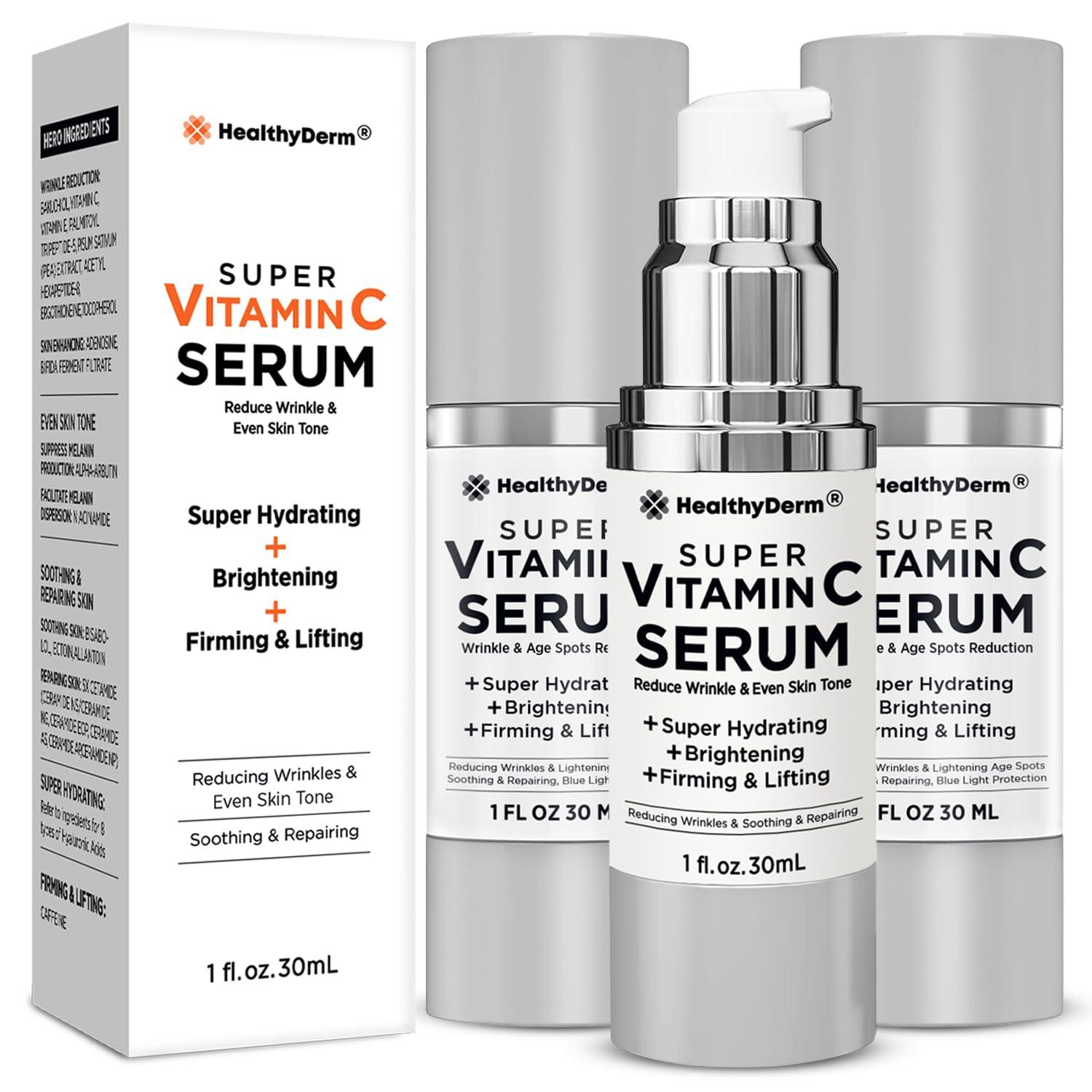HealthyDerm Super Vitamin C Serum for Women Over 70: Niacinamide, Vitamin C, Hyaluronic Acid, Peptides, Vitamin E, Caffeine, Bakuchiol, Hydrating, Lifting, Wrinkle & Age Spots Reduction Pack of 3