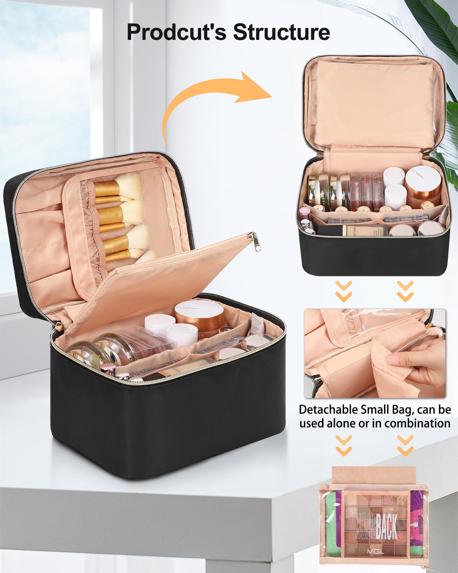 MONSTINA MONSTINA Makeup Bag with Detachable Small Gadget Bag,Large Capacity Portable Cosmetic Organizer,Waterproof Travel Toiletry Bag with Divider for Lipstick,Gifts for Girls and Women,Black Large