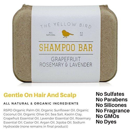 The Yellow Bird The Yellow Bird Solid Bar Shampoo Soap. Grapefruit, Rosemary, and Lavender. Mild Natural and Organic Ingredients. Sulfate Free. Gentle Scalp + Hair Care