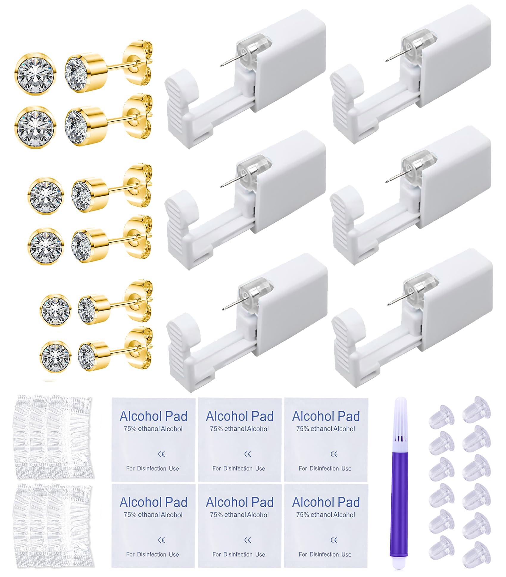 VitaCool VitaCool Ear Piercing Kit Disposable Ear Cartilage Piercing Gun Kit with Sterile Multi-sized CZ Studs Easy and Safe Earring Self Piercing Kit for Yourself Use at Home (Style C-CZ-2/3/4mm+)