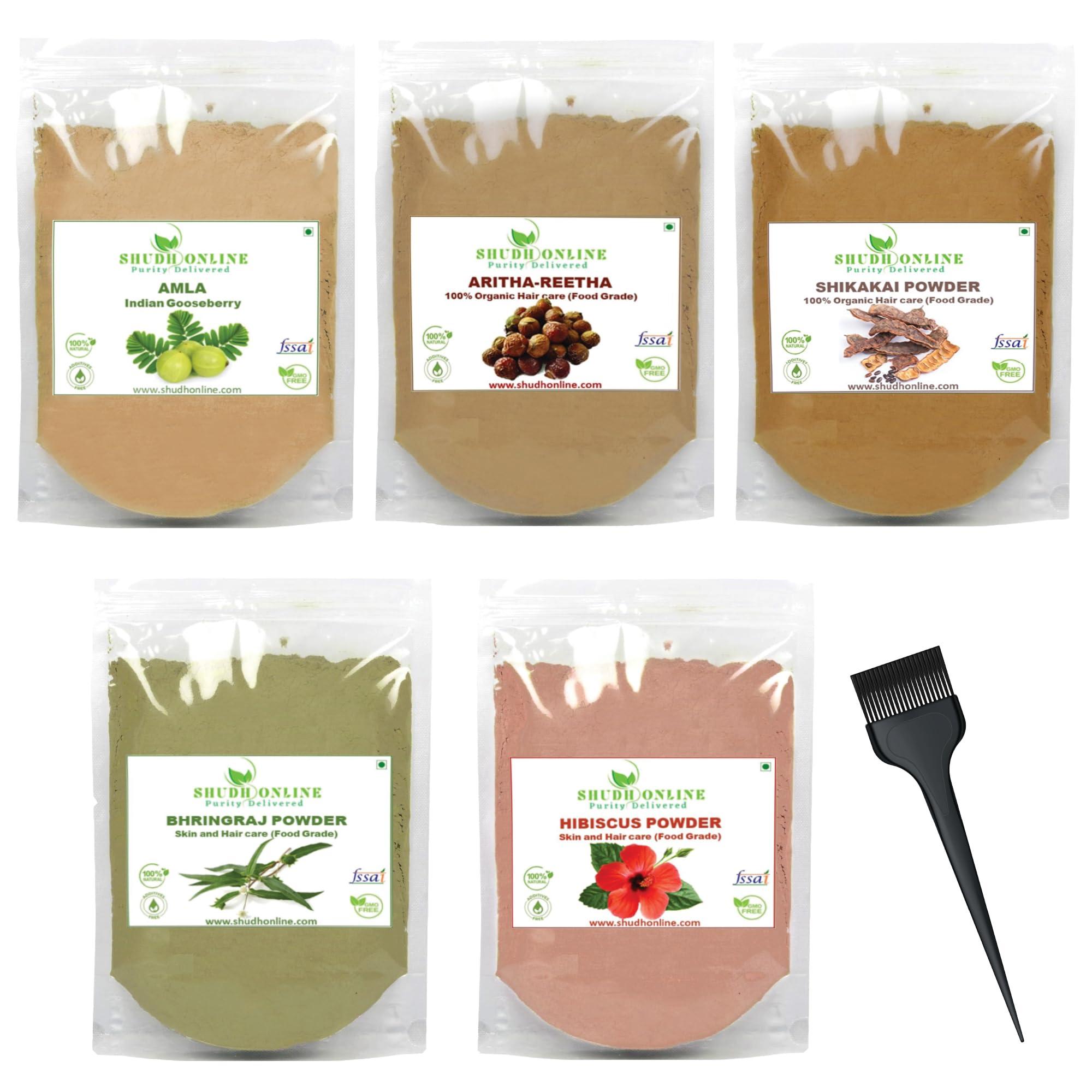 Shudh Online Herbal Hair Mask Powder Combo, Indian Ayurvedic Herbal Powder for Hair Growth (8.8oz, 250g), Organic Bhringraj, Hibiscus, Shikakai, Reetha, Amla Shampoo (1.76oz each)