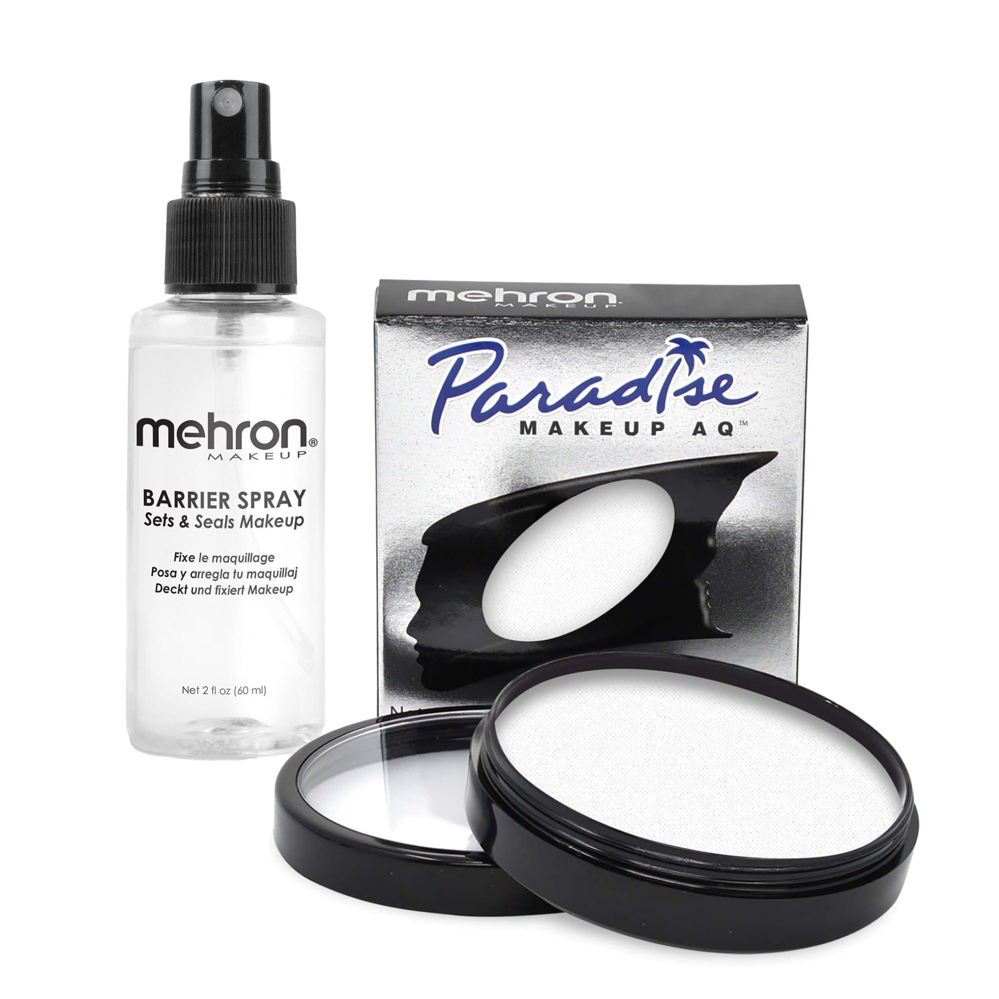 Mehron Mehron Paradise Makeup AQ & Barrier Spray Combo Pack | Before & After Setting Spray 2 fl oz (60 ml) Plus Pro Size Water Activated Face & Body Paint 1.4 oz (40 g) (White)