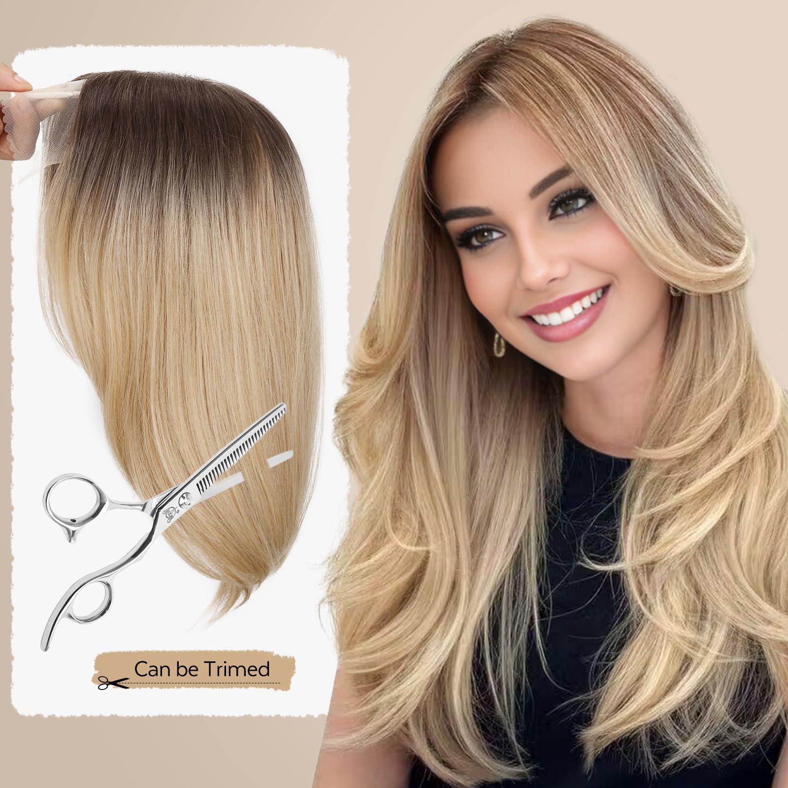 WIGNEE WIGNEE 14 Inches Ombre Blonde Hair Toppers Swiss Lace Hair Topper with Curtain Bangs Toppers Hair Pieces for Women Kanekalon Hair Toppers for Thinning Hair Natural Looking Hair Toppers for Women