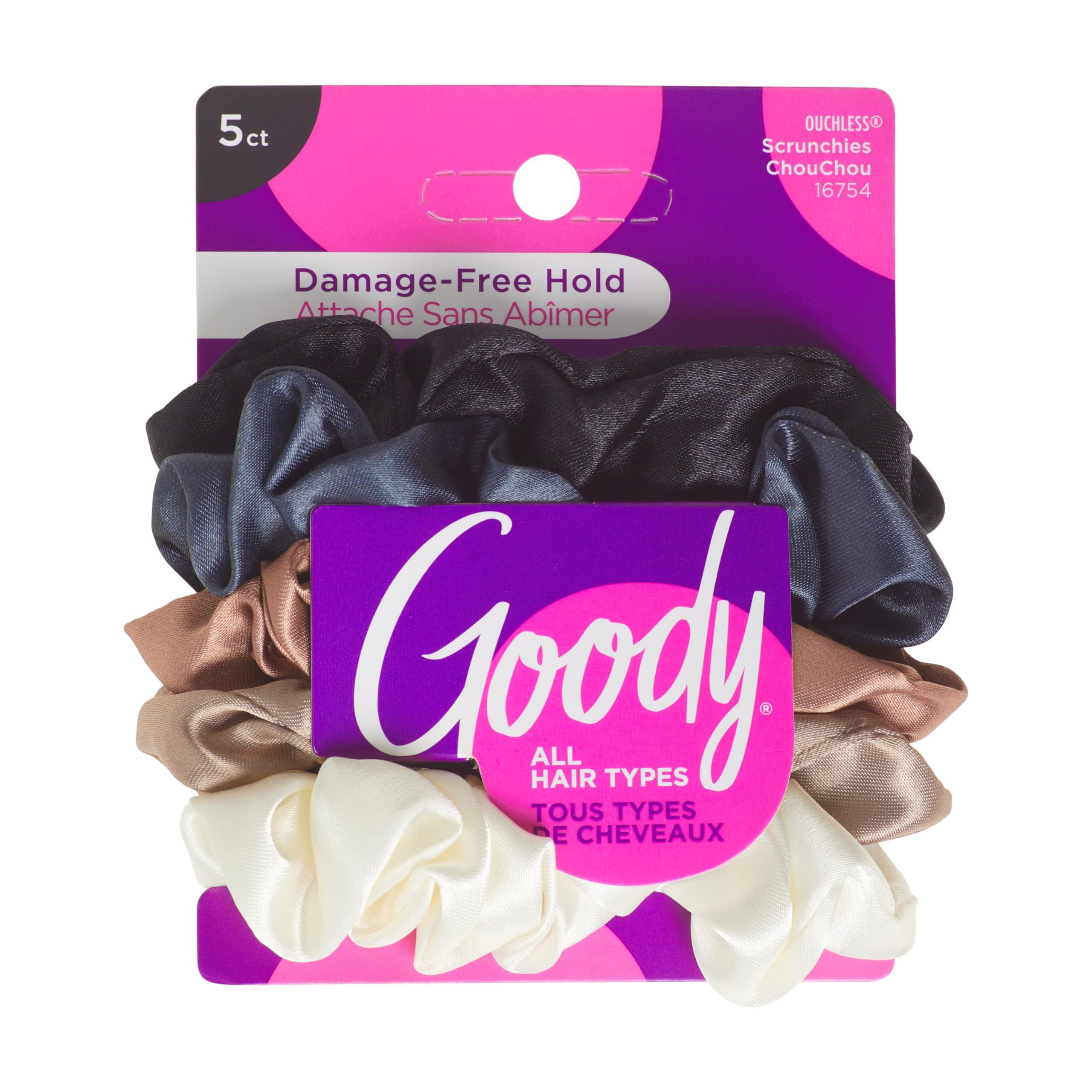 GOODY Goody Ouchless Satin Scrunchies - 5 Ct, Neutral Tones, Damage-Free Hold, Soft Overnight Hair Scrunchies to Sleep In, Gentle Hair Accessories for Women & Men, All Day Comfort, All Hair Types