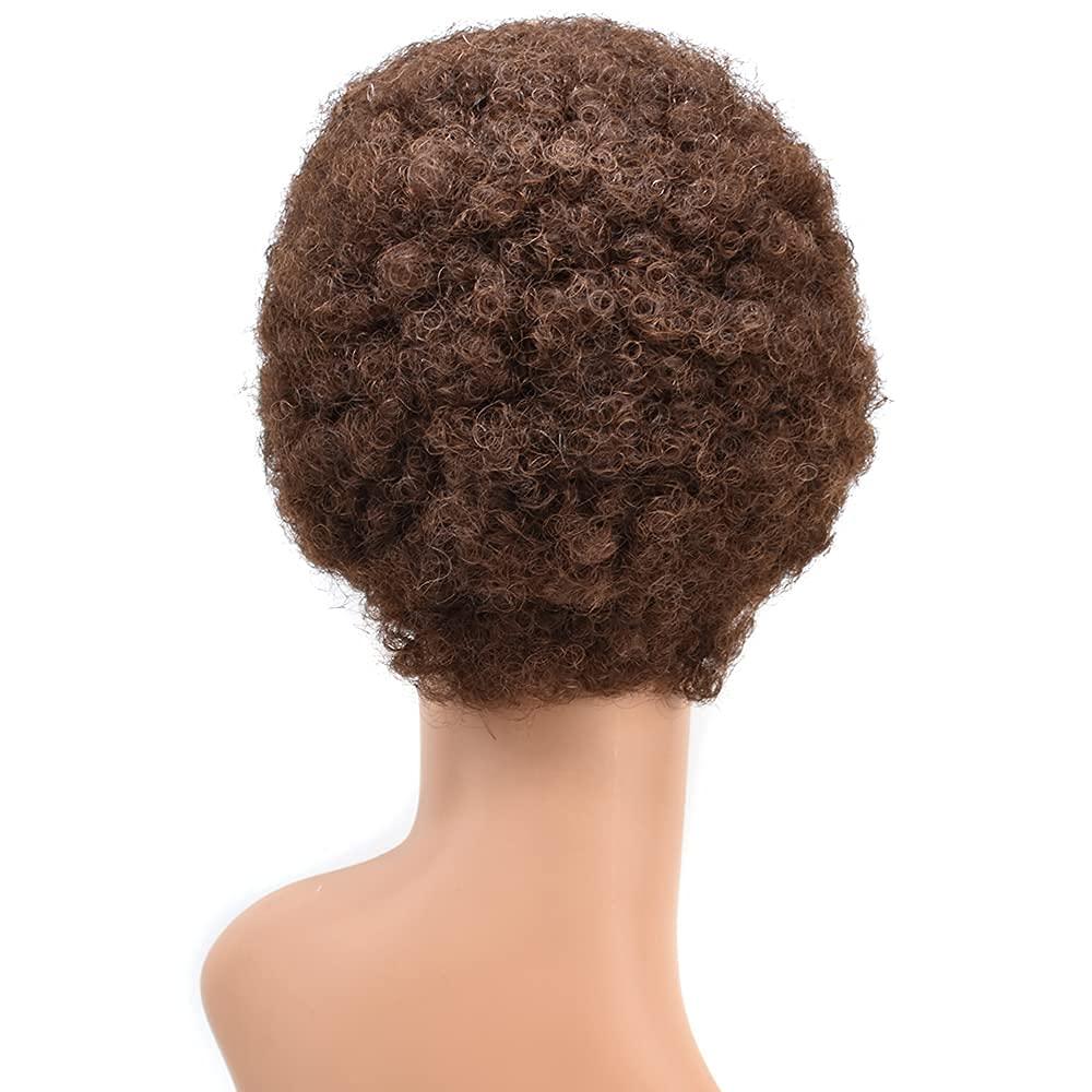 SINGA HAIR SINGA HAIR Human Hair Afro Wigs Short Brazilian Hair African American Curls Wig for Black Women Full Volume Cap Afro Wig (4# Medium Brown)
