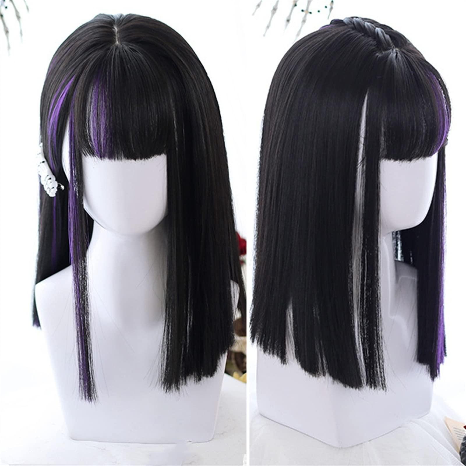 GRFIT Wigs Medium Length Straight Hair Wig with Bangs, Synthetic Purple Highlights Black Bangs Wig Natural Looking Daily Cosplay Party Wig for Women Girls Lace Wigs