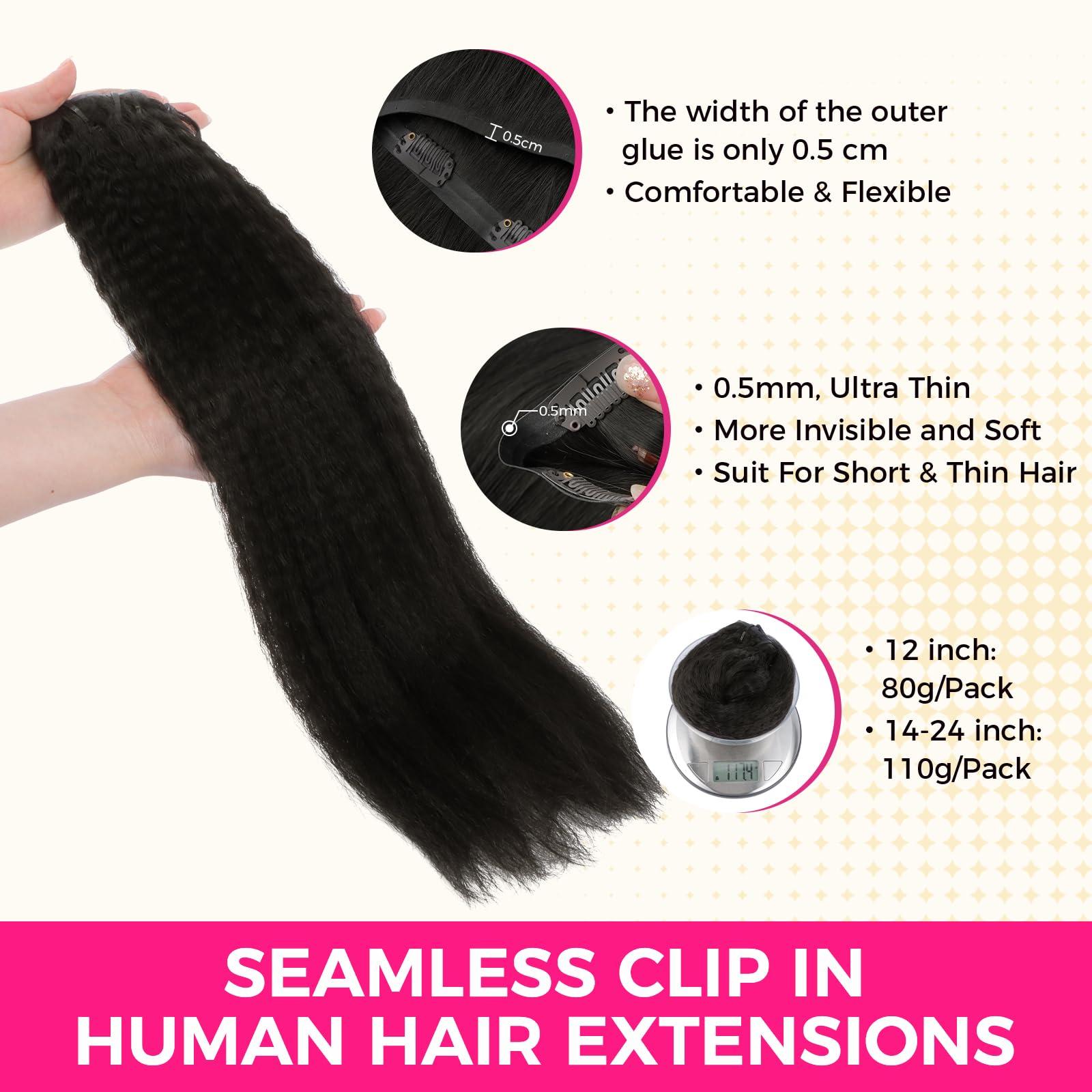 Lashey Lashey Hair Extensions Real Human Hair Kinky Straight 110g Natural Black Hair Extensions Seamless Clip in Human Hair Extensions 20 Inch Natural and Soft Invisi Edge Hair for Women