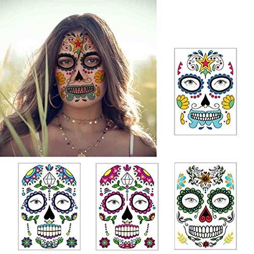 COKOHAPPY COKOHAPPY Halloween Temporary Face Tattoos Makeup Kit (13 Pack), Day of the Dead Sugar Skull Floral Black Skeleton Web Red Roses Full Face Mask Stickers Tattoo Families Party Supplies