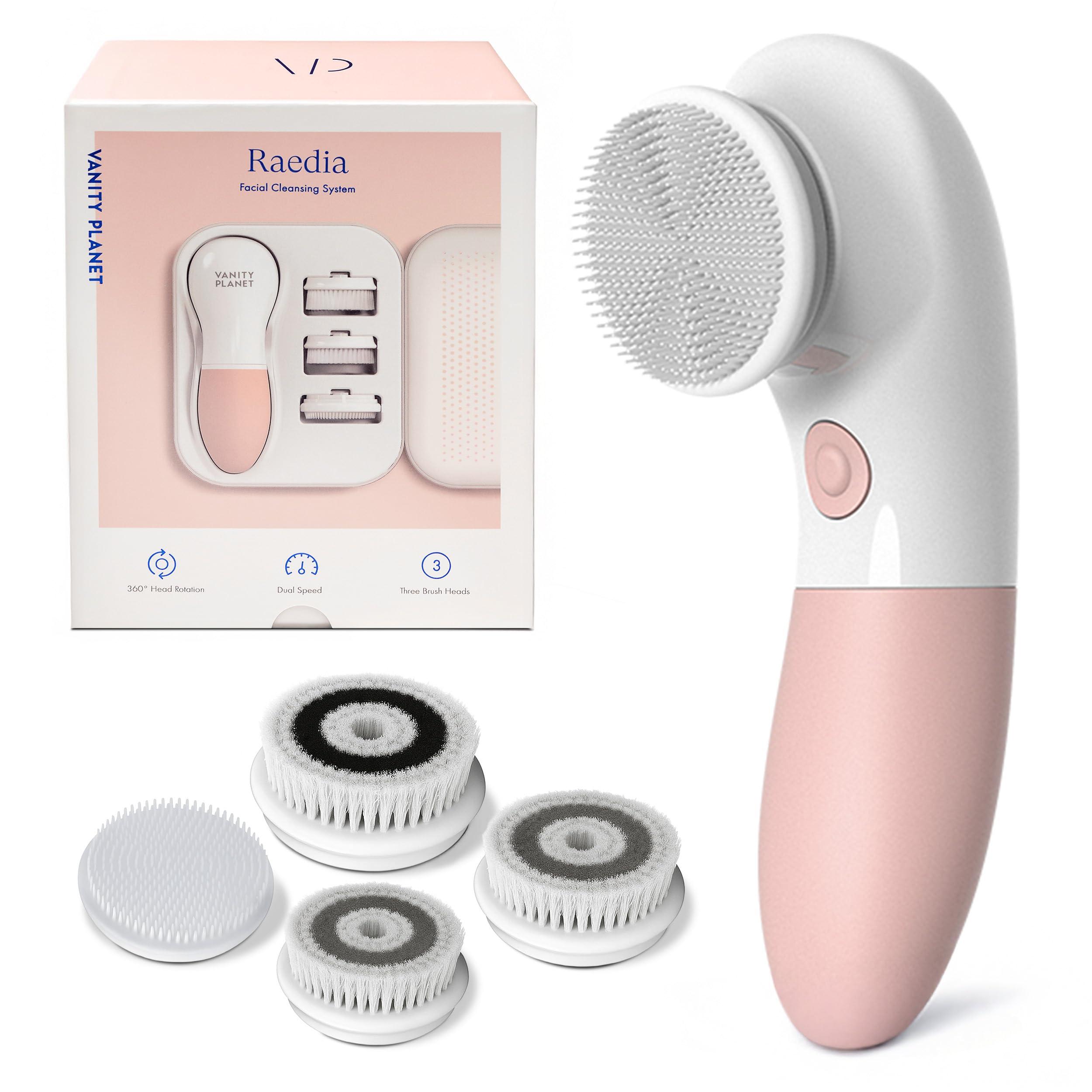 Vanity Planet Raedia Daily Facial Cleansing Brush with 4 Interchangeable Brush Heads by Vanity Planet - Handheld, Lightweight for Glowing Skin - Water Resistant Face Exfoliator - Dusty Pink