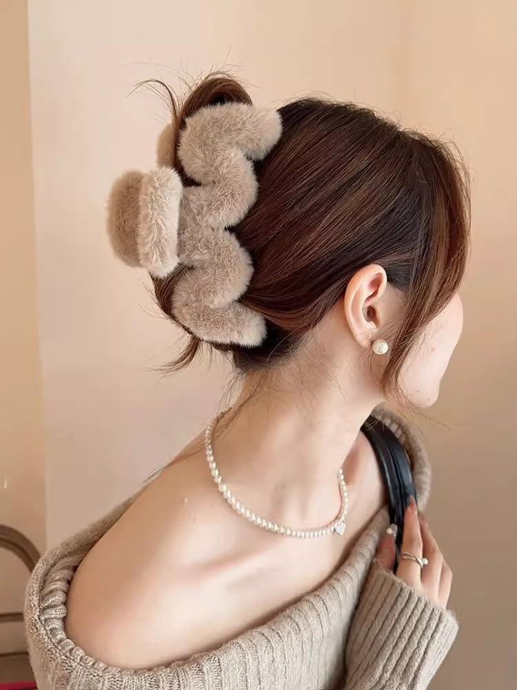 RRRWEI 3pcs 5.1Inches Faux Fur Hair Clips,Large Fuzzy Claw Clip for Thick Thin Hair,Preppy Claw Clips Fluffy Hair Clip for Women Girls (3PC -4)