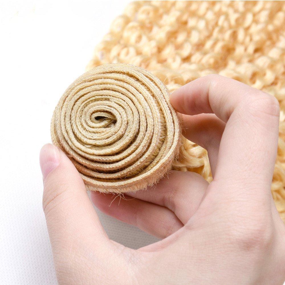 HC HC Hair Peruvian Kinky Curly 613 Blonde 3 Bundles with Lace Closure Honey Blonde Curly Blonde Human Hair Weave (20 20 20 with 18 inch)