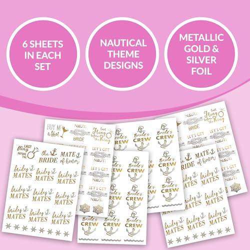 Bachelorettesy Bachelorettesy Wedding Temporary Tattoos 6 Sheets Bride Bachelorette Stickers 100+ Metallic Gold Tattoos for Bridal Party, Bachelorette Trip, Bridal Shower Party Decorations, Party Favors (Marina)