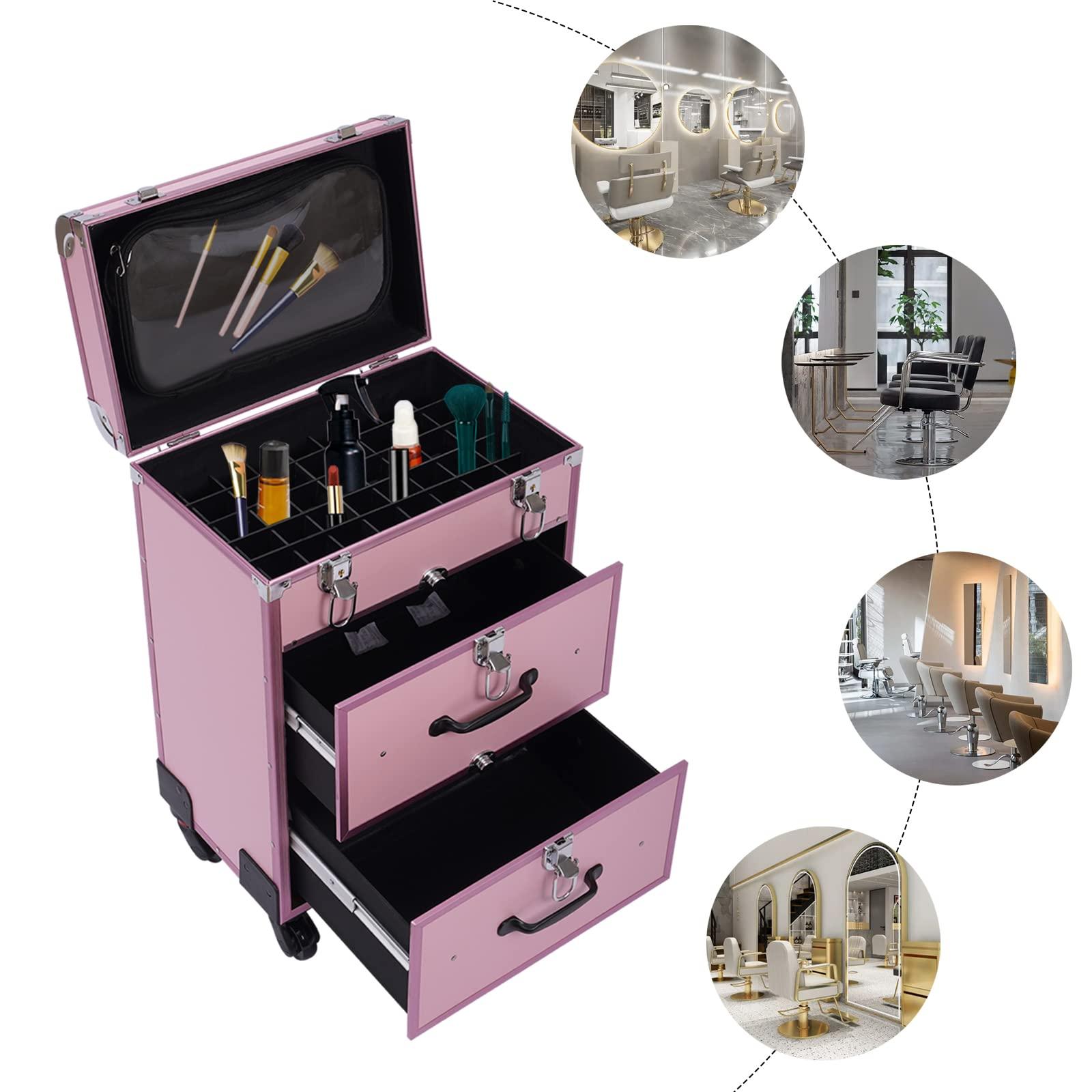 DYRABREST Rolling Makeup Case, Professional Rolling Makeup Train Case with Drawers, Cosmetic Trolley with Locks, Cosmetics Storage Organizer Make up Case for Travel Makeup/Nail Art/Hair Styling (Pink)