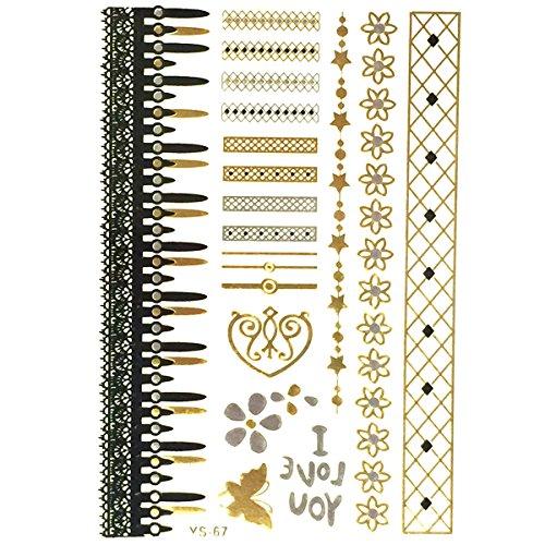 allydrew Allydrew Large Metallic Gold Silver and Black Body Art Temporary Tattoos, Daisies, Stars, and Bands