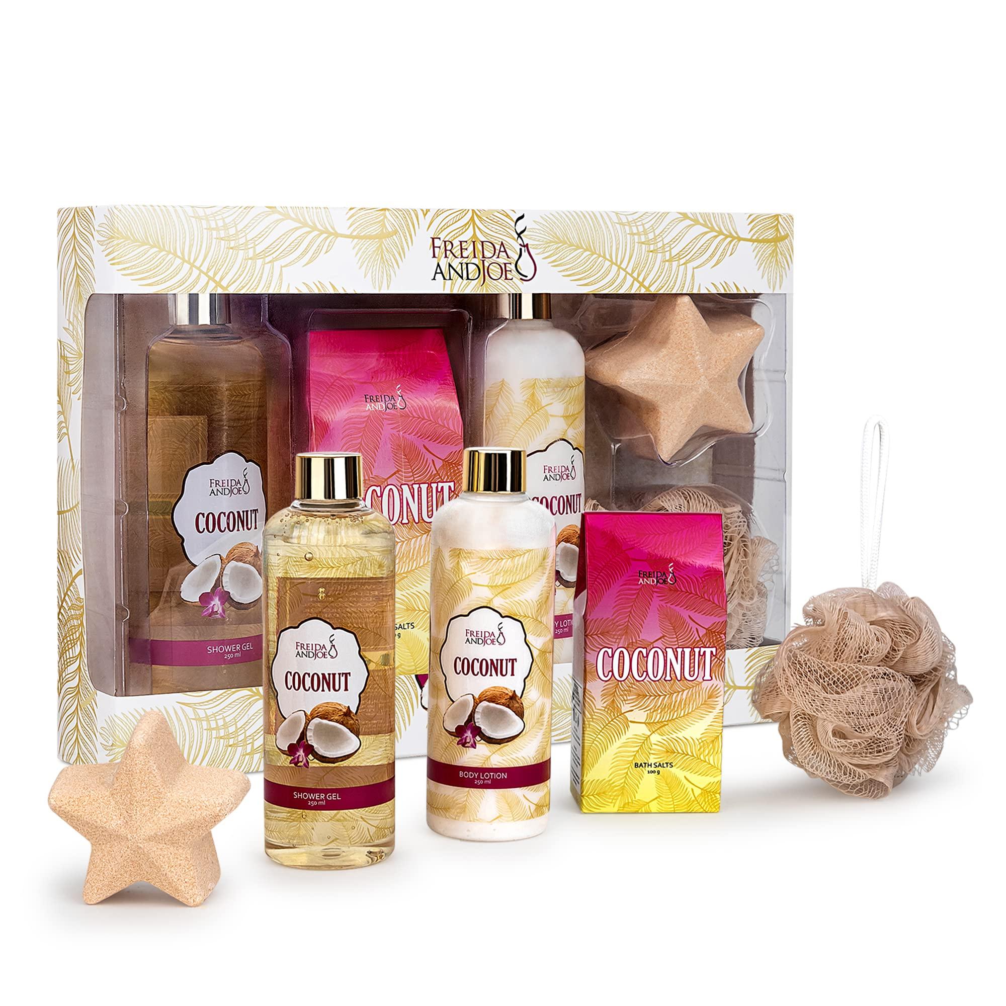 Freida and Joe Freida & Joe Spa Bath and Body Gift Basket for Women- Coconut Bath shower, Coconut Scent Body Skincare Collection Gifts for Mom, Wife, Girlfriend Valentines Gift for Women
