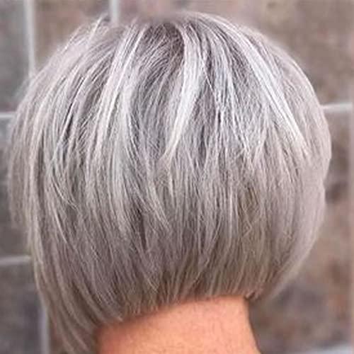 RENERSHOW RENERSHOW Layered Bob Short Gray Wigs for Women Mixed Gray Cute Straight Pixie Bob Wig Synthetic Haircuts Grey Side Part Inverted Bob Wig Natural