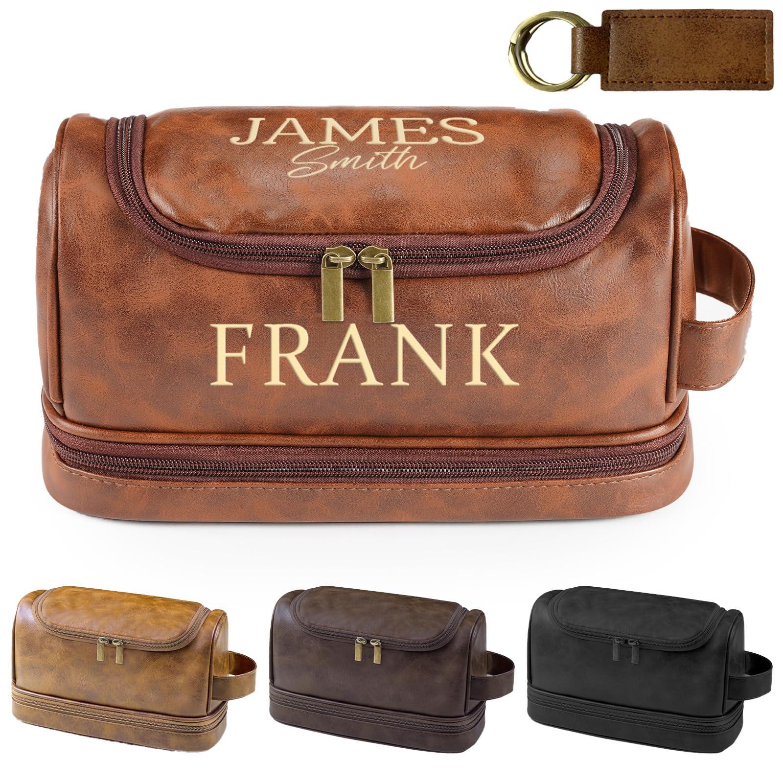Sparklove Sparklove Personalized Leather Toiletry Bag for Men, Handcrafted Travel Dopp Kit Gift with Custom Pattern and Text, Unique Gift for Men, Boyfriend, Dad, Father\'s Day Gifts
