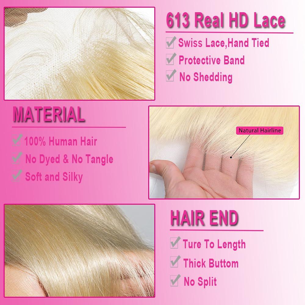 MSTOXIC 613 Frontal Straight 13x6 Transparent HD Lace Frontal Closure 12A Brazilian Virgin Remy Hair Free Part Ear to Ear Blonde Frontal Human Hair For Women Pre Plucked With Baby Hair 150% 20 Inch