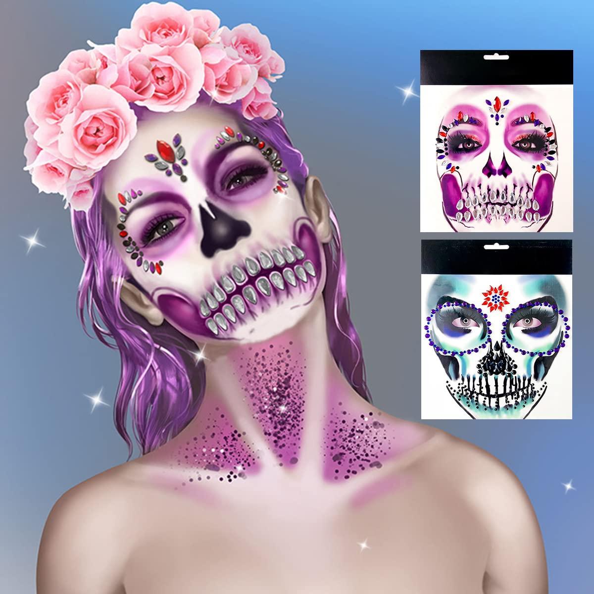 Jacnkb Skull Face Gems Jewels Rhinestone, Halloween Temporary Face Tattoos, Day of the Dead Face Tattoo Stickers, Crystal Body Gems Stick on Face for Festival Rave Party Cosplay 2Pcs