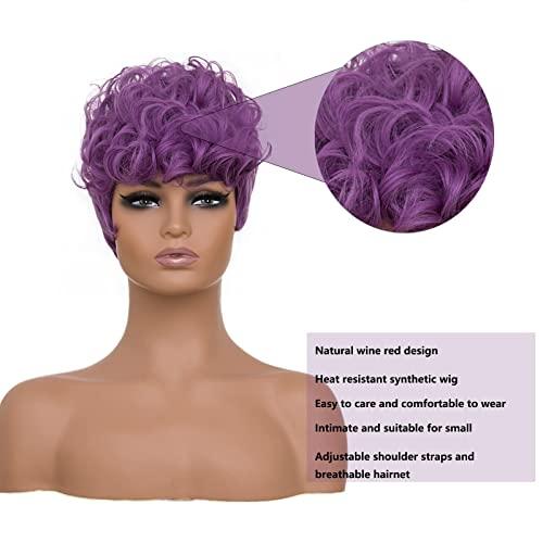 DOcute DOcute Black Short Pixie Cut Wigs for Black Women Short Wavy Hair Wig Pixie Cut Curly Wig with Bangs for Black Women Synthetic Fluffy Daily Wig Layered Heat Resistant Wigs (Deep Purple)