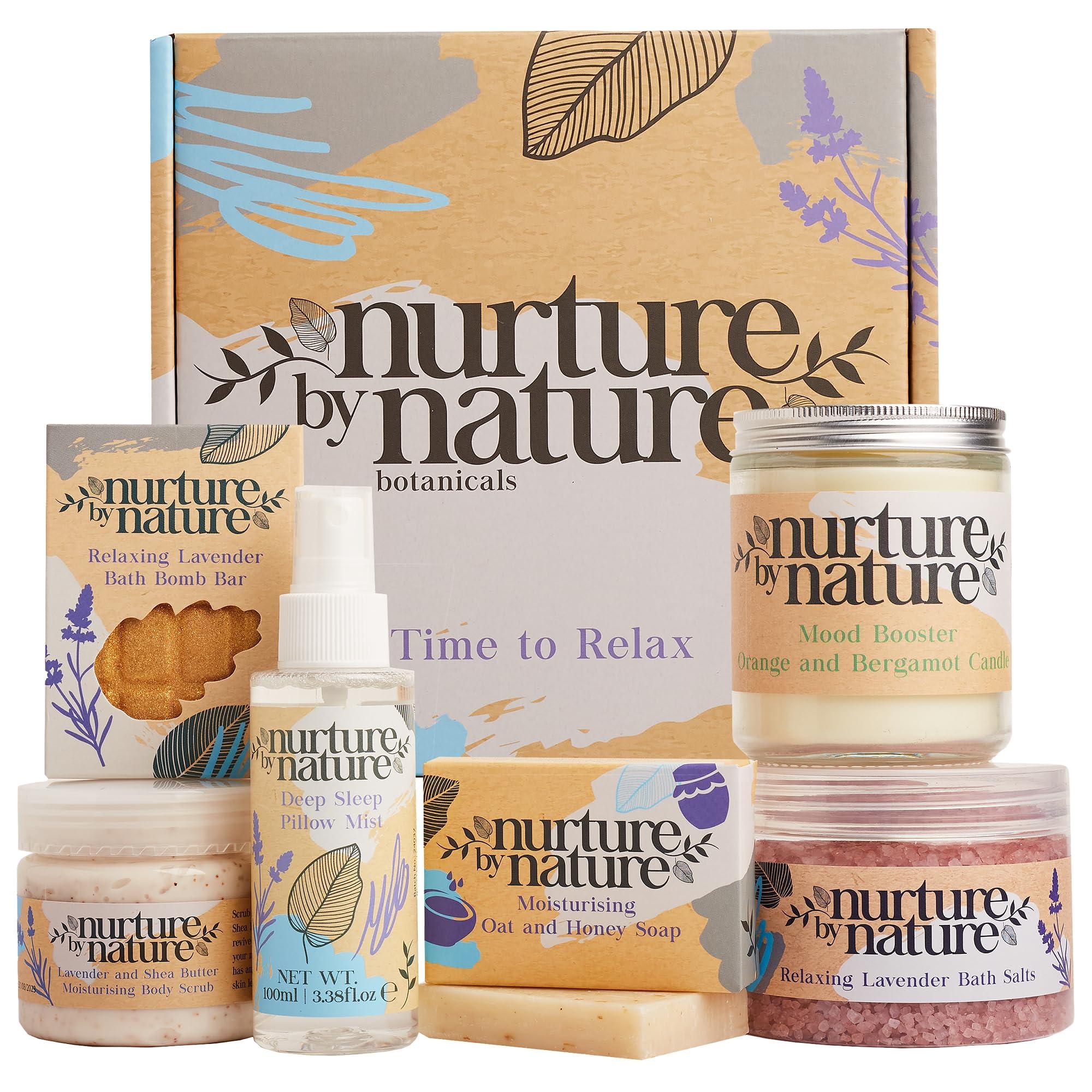 Nurture by Nature Botanicals Nurture by Nature RELAX & CALM Spa Kit, Spa Gift Baskets For Women - Complete Bath Sets for Women Gift - Lavender Pillow Mist, Bath Salts, Soap, Bath Bomb, Candle, Body Scrub - Self Care Gift Basket