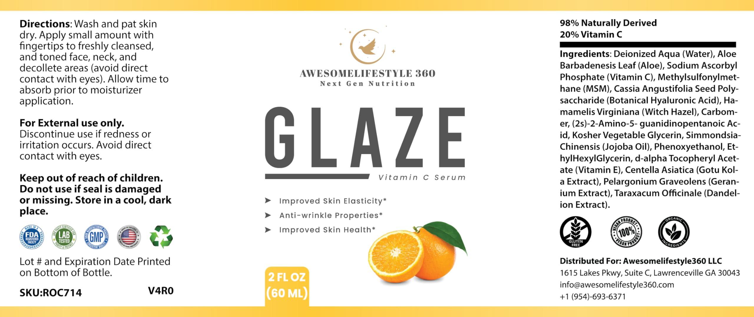 AWESOMELIFESTYLE 360 NEXT GEN NUTRITION Awesomelifestyle360 Next Gen GLAZE Vitamin C serum 60ml, Improved Skin Elasticity, Anti-Wrinkle Properties, Improved Skin Health, Glowing & Brightening Skin, Smooth, Use All Skin Types