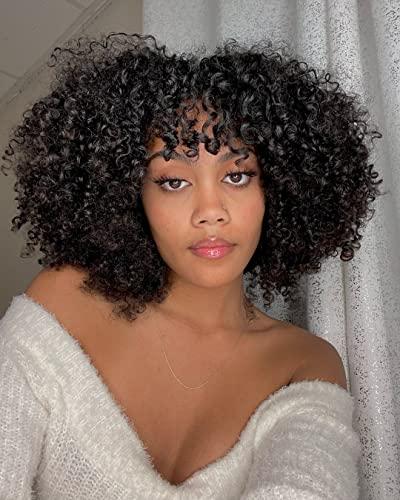 Fabutio Afro Kinky Curly Mongolian Human Hair Wig For Black Women 200% Density Glueless Bob Fake Scalp Wig Natural Black Brazilian Hair Fringe Unit Thick Girls African Hairstyle 24 Inch