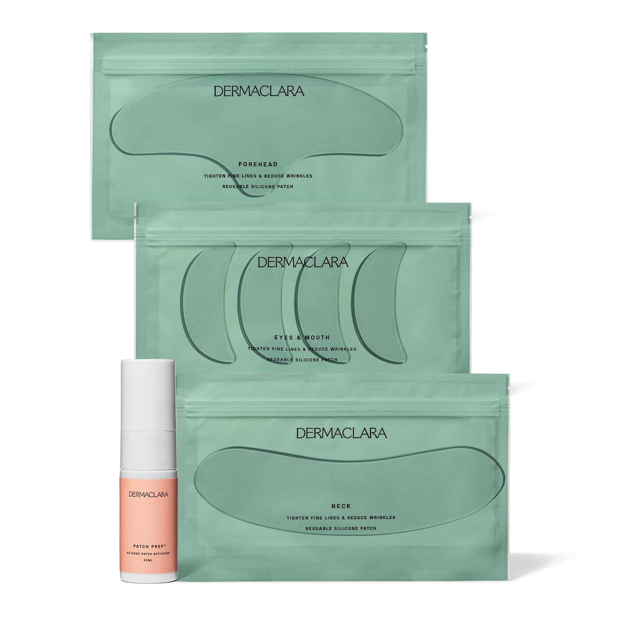 Dermaclara Dermaclara Face Patches Kit - Anti Wrinkle Patches for Forehead, Smile Lines, Silicone Anti-Wrinkle Frown Line Treatment, Up to 30 Uses - 1 Forehead, 2 Mouth, 2 Eye, 1 Neck & 1 Patch Prep Cleanser