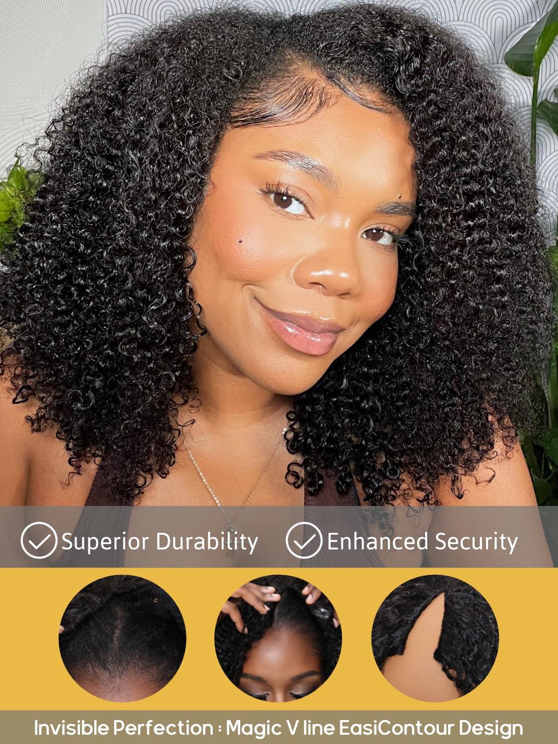 Sunber Sunber EasiContour V Part Wigs Human Hair Kinky Curly Upgrade Glueless U Part Human Hair Wig V Part Kinky Curly No Leave Out No Gel Beginner Friendly Clip in Vpart Wig 150% Density 14Inch