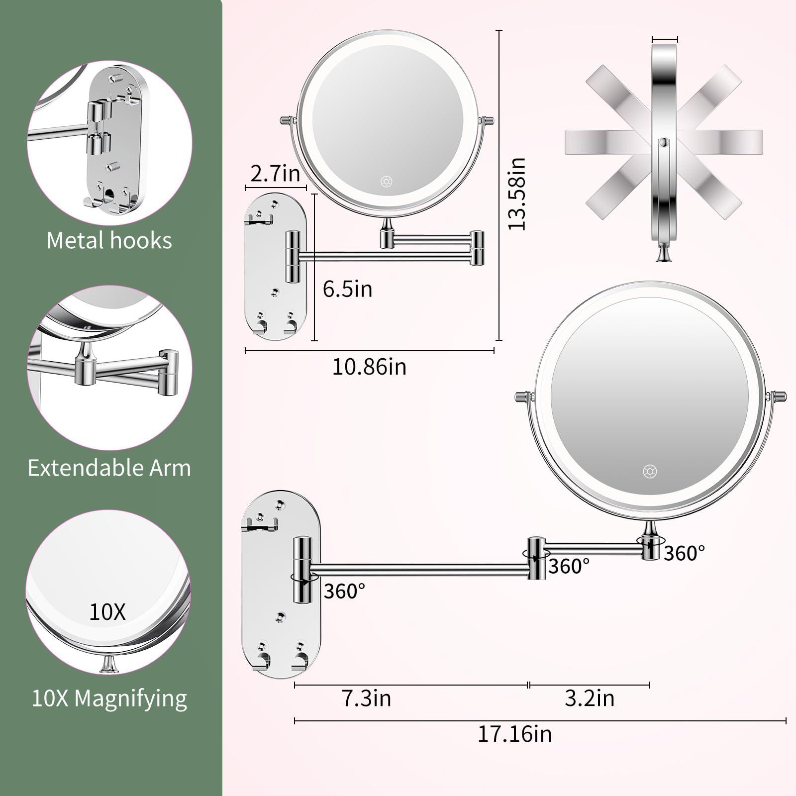 FUNTOUCH FUNTOUCH Wall Mounted Lighted Makeup Mirror, Rechargeable 8\" Double-Sided LED Make up Mirror 1X/10X Magnification, 3 Color Lights Dimmable 360 Rotation Wall Mount Mirror with Extension Arm and Hooks