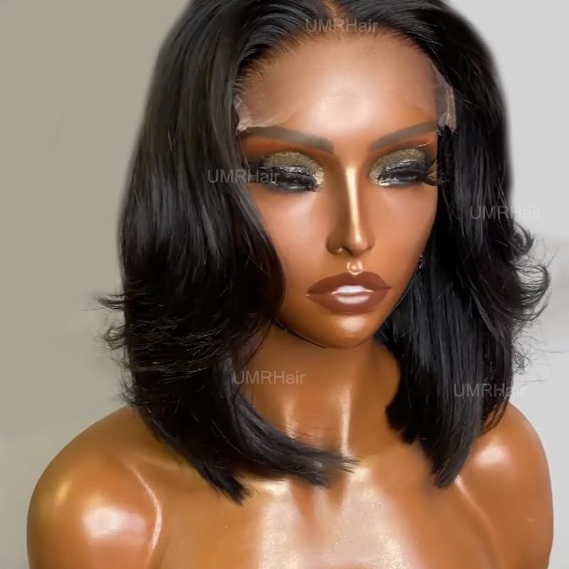 UMRHair 12inch Layered Lace Front Wigs Brazilian Glueless 180% Density Short Bob Human Hair Wig for Black Women 13X4 Middle Part Short Cut Layered Bob Wig PrePlucked BabyHair