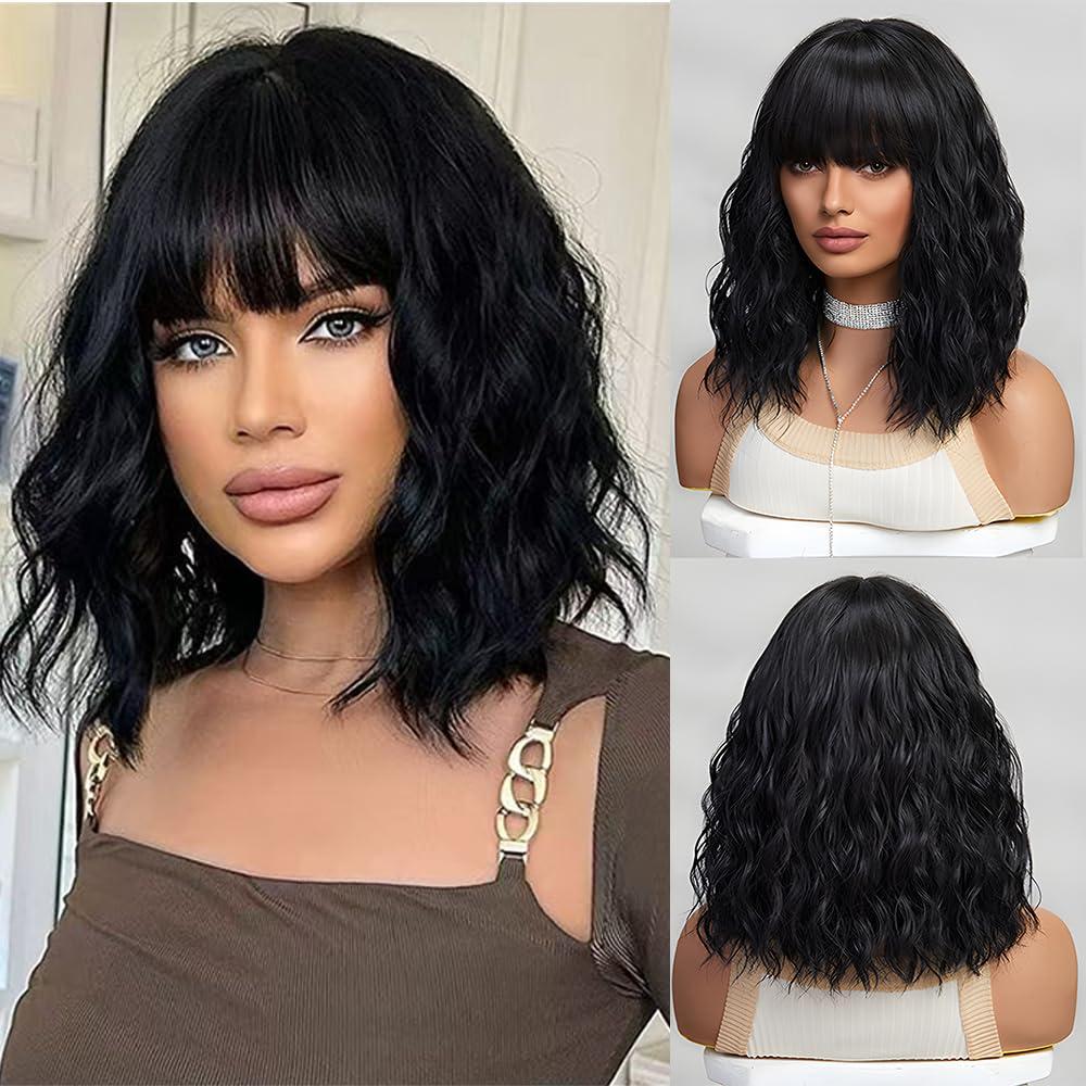 Haoland Short Black Hair Wig,Shoulder Length Bob Curly Wavy Black Wig With Bangs for Women, Charming Heat-resistant Synthetic Hair Wigs for Date Daily Use