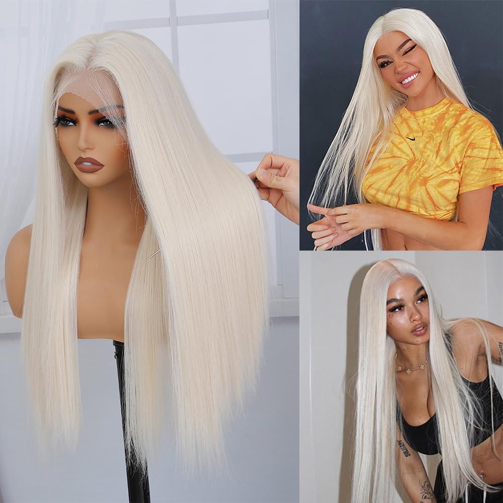 Veally Platinum Blonde Synthetic Lace Front Wig Pre Plucked Ready to Wear 13x4 HD Glueless Straight Lace Front Wig for Women Natural Looking Synthetic Heat Resistant Fiber Platinum Blonde Wig (26 Inch)