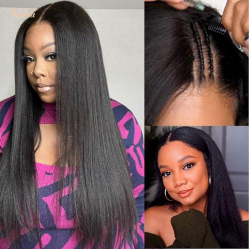 Nadula Nadula V Part Wig Yaki Straight Human Hair No Leave Out Glueless Upgraded U Part Wigs for Women,10A Yaki Straight V-part Wigs V Shape Clip in Half Wig Ready to Go 150% Density 16inch