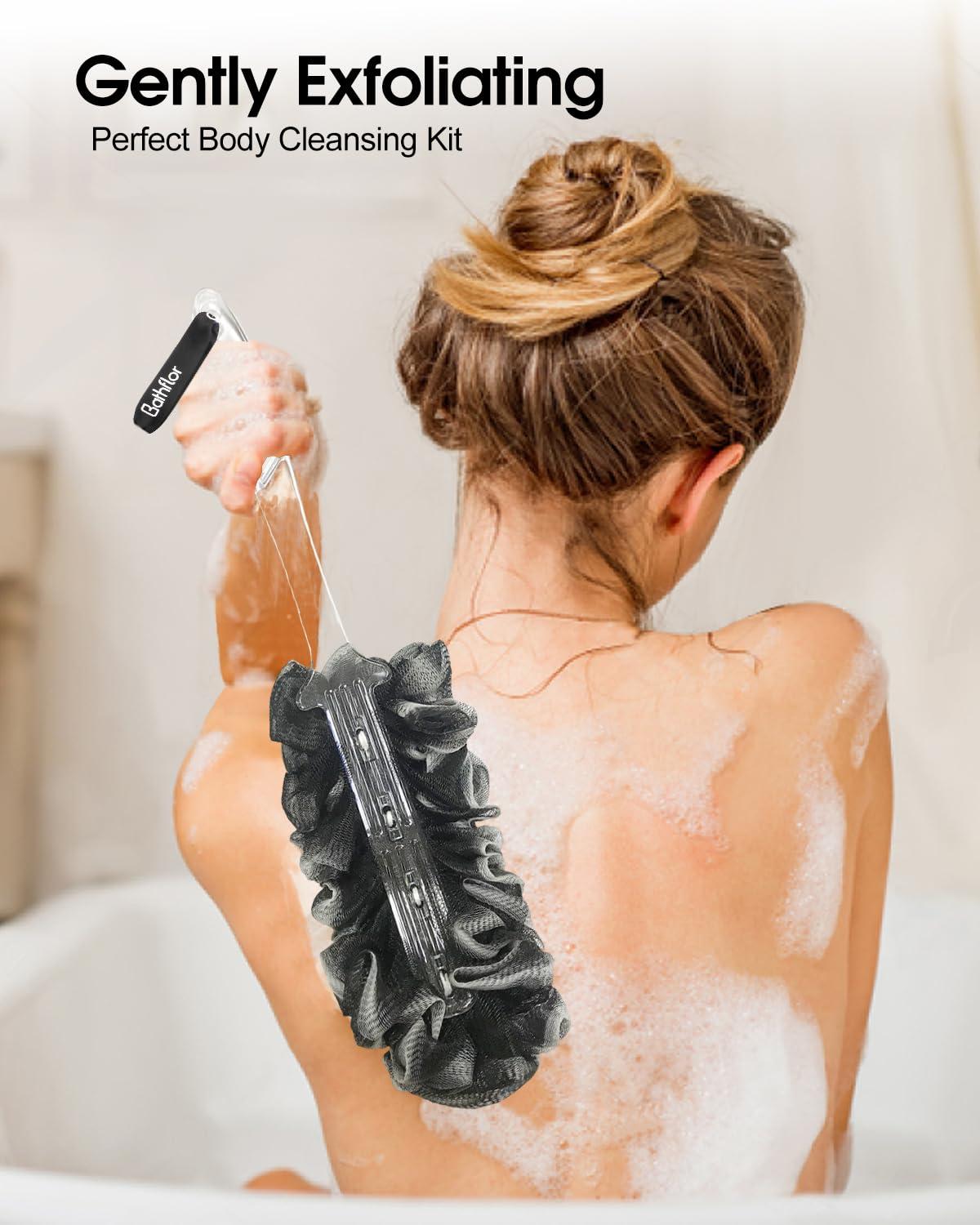 Bathflor Loofah Sponge, 80g Loofahs for Men Women, 5-in-1 Large Shower Loofah Exfoliating Body Scrubber, 2 Bath Sponge Loofa Packs, 2 Loofah with Handle Body Wash Back Scrubber, 1 Luffa Hook, Black