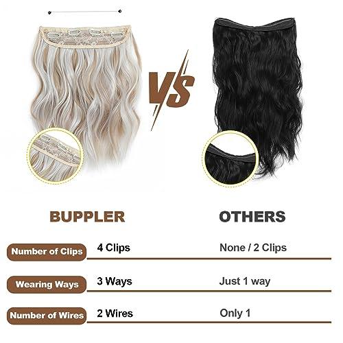 BUPPLER BUPPLER Halo Hair Extensions 12 Inch Invisible Wire Hair Extensions Adjustable Long Wavy Hair Extensions Synthetic Upgrade 4 Secure Clips in Hairpieces 12 Inch, Dark Golden Mix Platinum Blonde