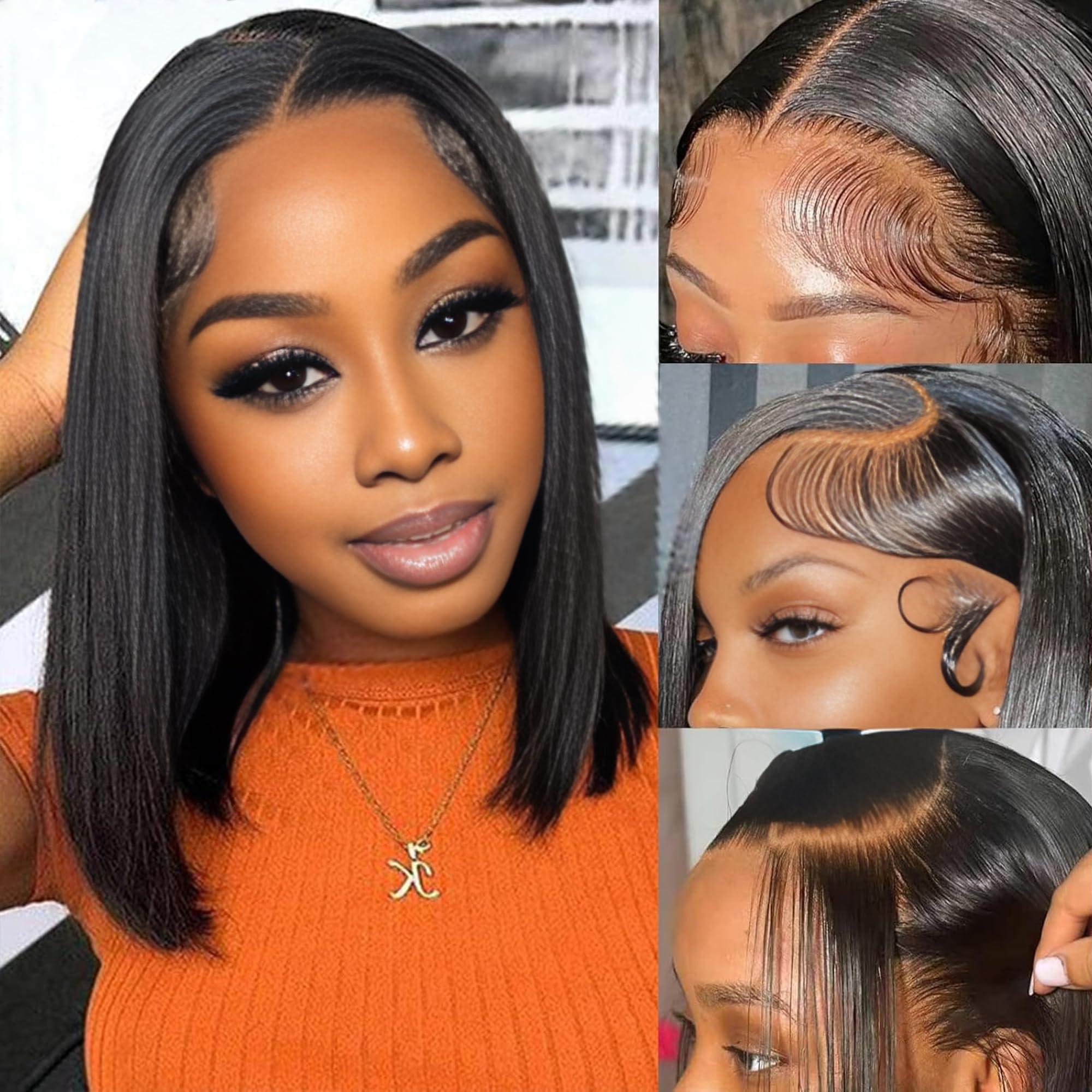 Hoscod Straight Brazilian Hair 12 inch Natural Black Bob Wig Human Hair 13x4 HD Transparent Lace Front Wigs Human Hair Pre Plucked 180% Density Glueless Short Bob Wig Human Hair Pre Plucked for Black Women.
