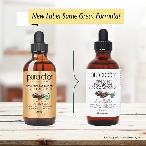 PURA D\'OR PURA D\'OR 4 Oz ORGANIC Jamaican Black Castor Oil - Natural Smoky Scent - w/ 2 BONUS Empty Brushes - 100% Pure USDA Certified Cold Pressed & Roasted, Hexane Free Eyelash & Eyebrow Serum