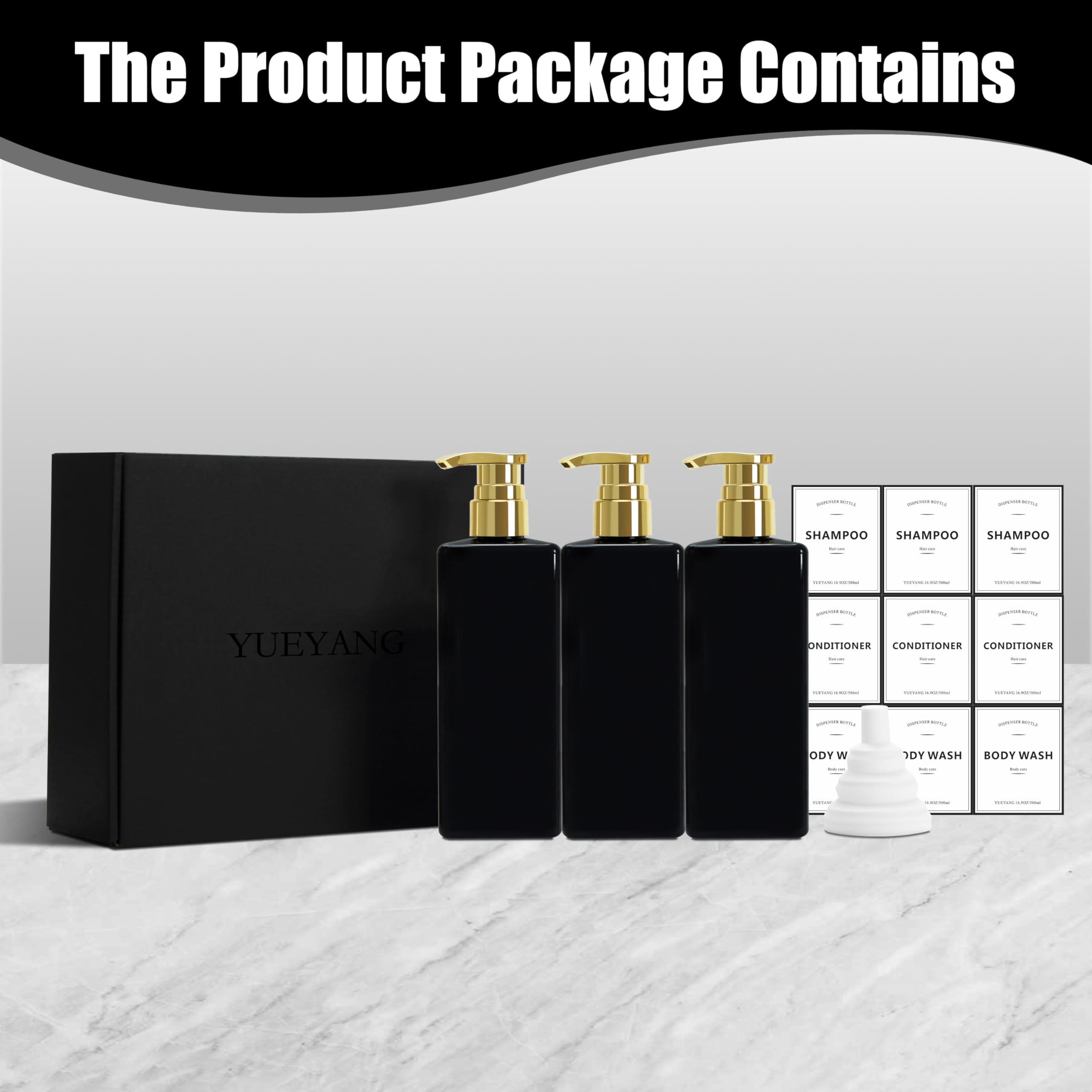 YUEYANG YUEYANG Black Shower Bottles Refillable with Labels, 16.9OZ Pack of 3 Empty Black Shower Dispenser with Gold Pump, Boutique Plastic Bottles for Body Wash, Body Oil