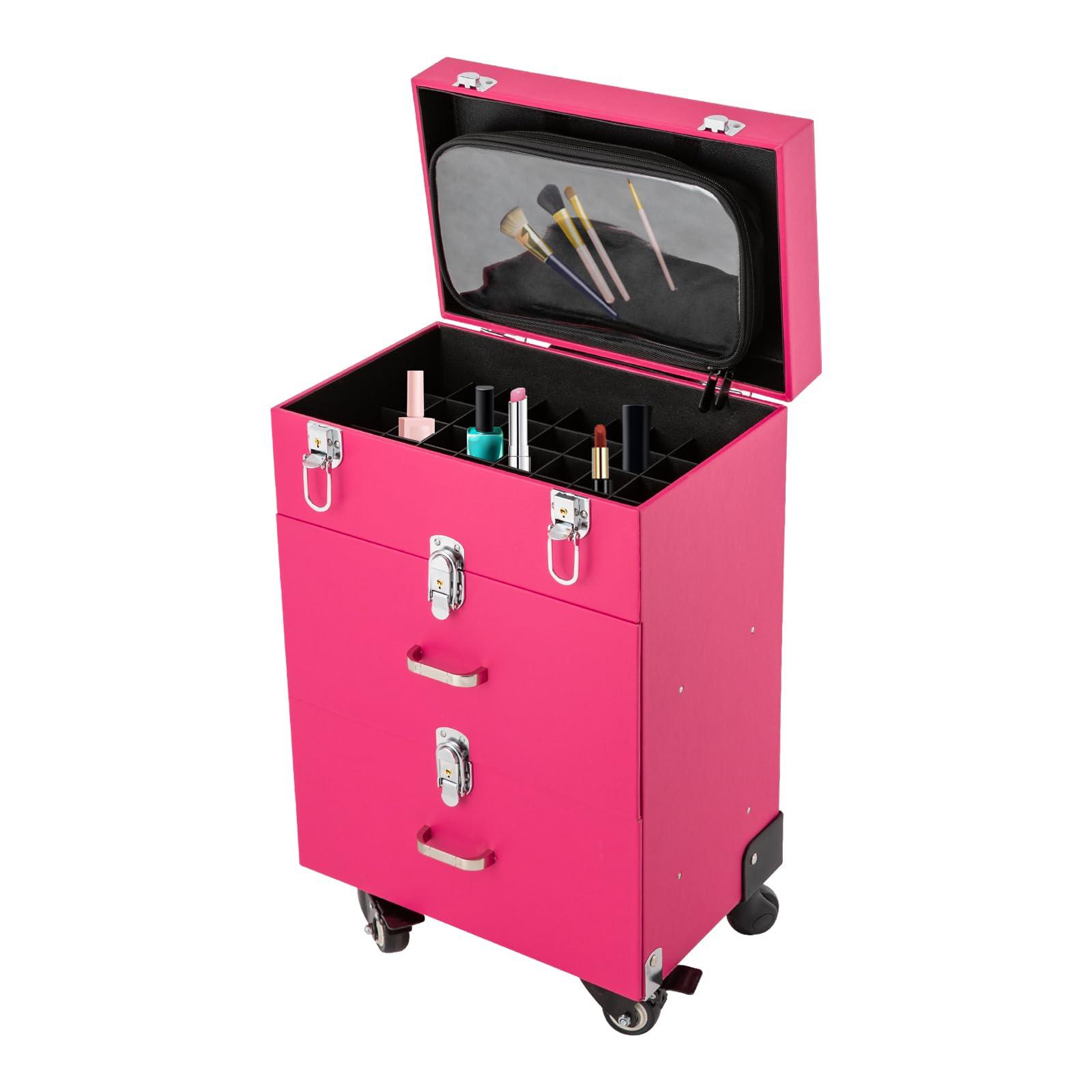 MELONGKAYLON MELONGKAYLON Rolling Makeup Case, Pro Cosmetic Trolley Case Travel Cosmetic w/ 4 Wheel Nail Polish Organizer Storage for Hairstylist Makeup Nail Tech Salon, Traveling Cart Trunk (Pink)