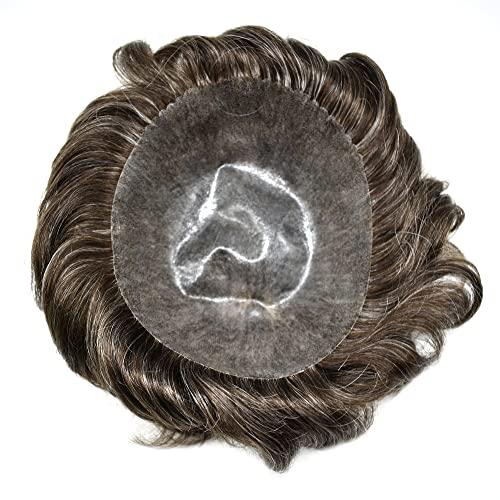 JUSTHAIR Toupee for Men Wavy Human Hair Replcement System Full Poly Thin Skin Human Hair Piece Male Hair Units All PU Injection Black Brown Blonde Grey White Hair (6X9\"-130% MEDIUM DENSITY, #320 3# DARK BROWN WITH 20% SYNTHETIC GREY)