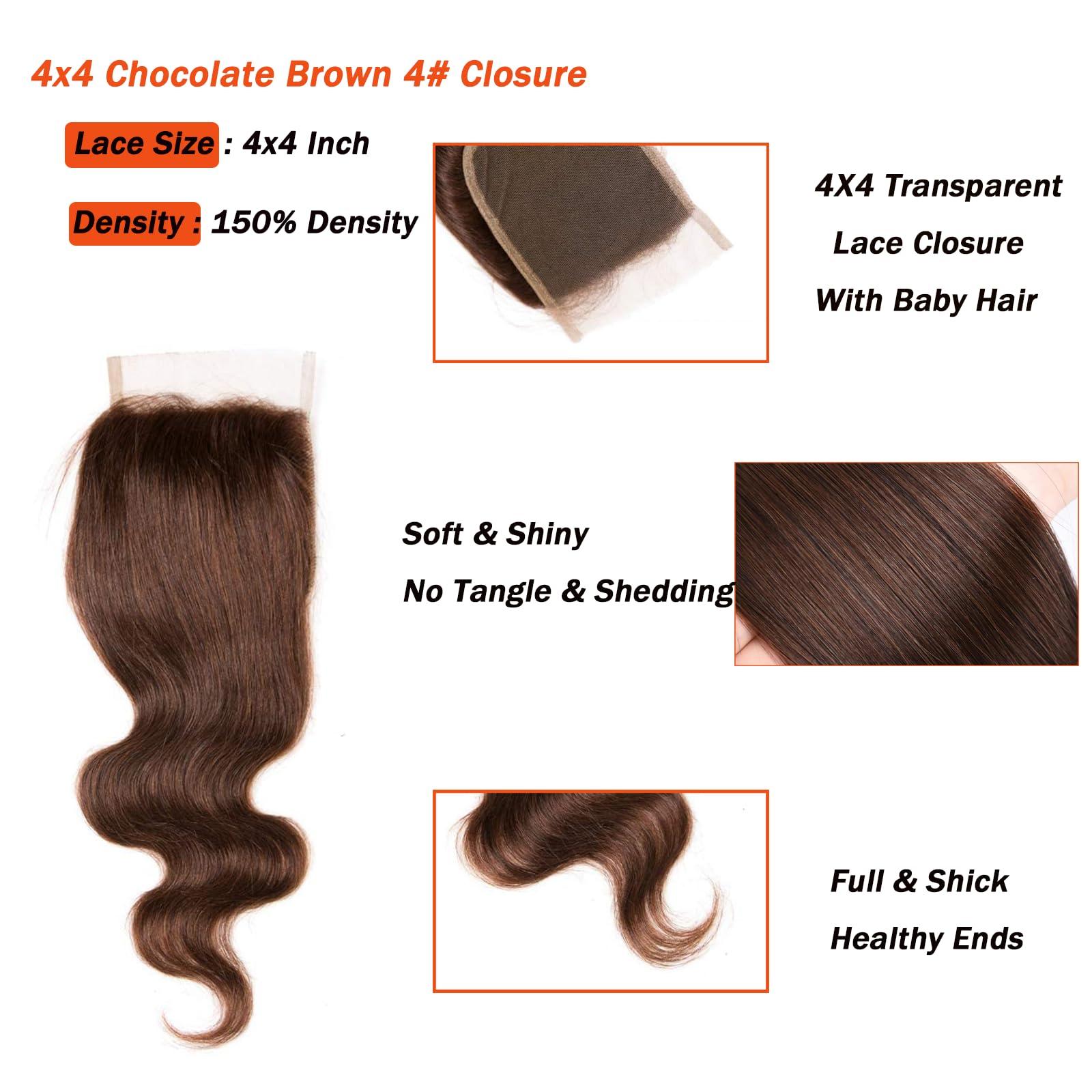 KAFEIER Chocolate Brown 4# Closure 4x4 Free Part Body Wave Closure Brazilian Human Hair Extensions Preplucked Bleached Knots Sew In Weave Virgin Hair Lace Front Closure For Women Wet And Wavy 20 Inch