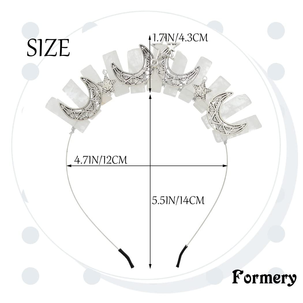 Formery Formery Star White Quartz Headband Silver Crescent Moon Natural Stone Crown Hairband Halloween Cosplay Wedding Crystal Tiara Headpiece for Women