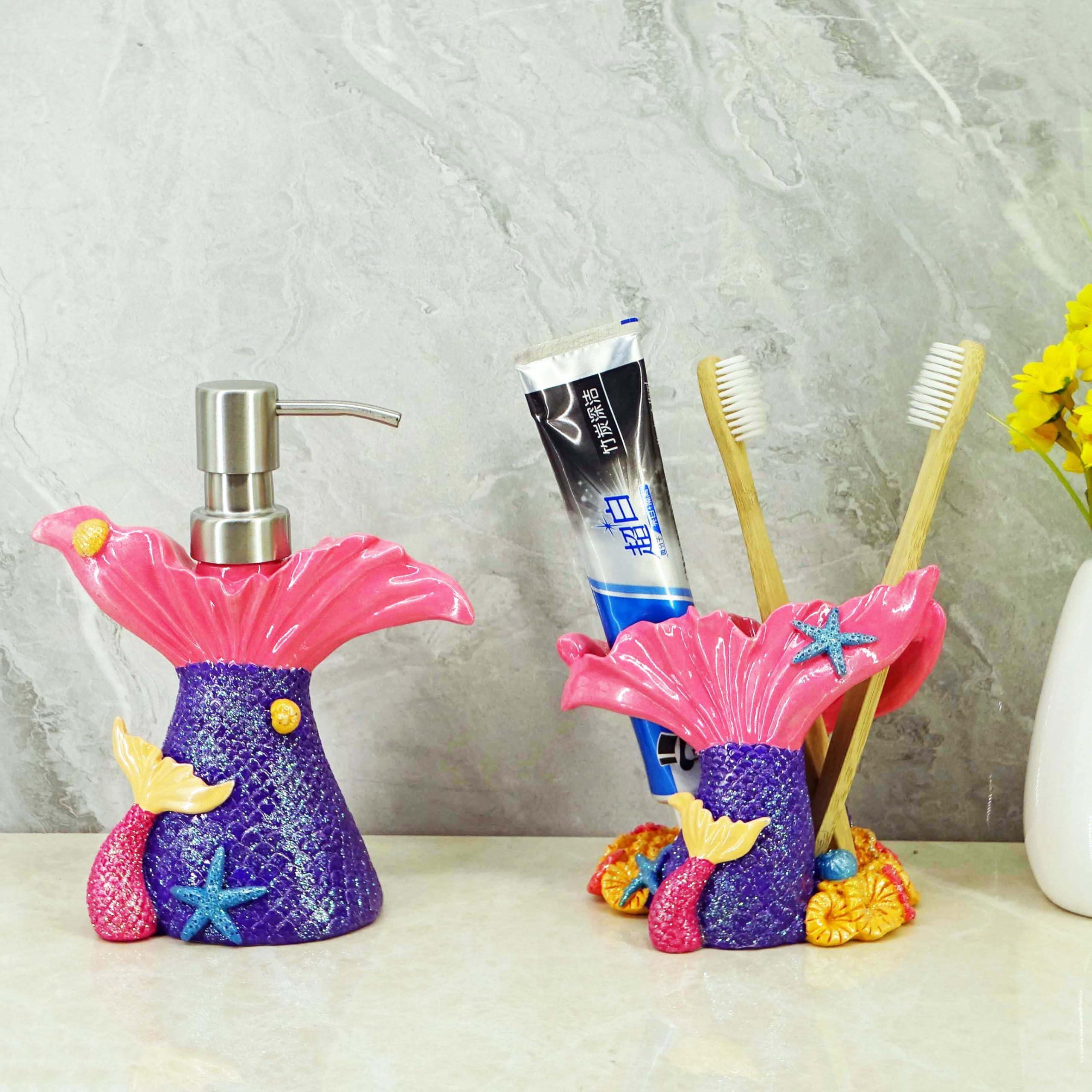 YHHRESINKING Mermaid soap Dispenser for Bathroom Kitchen, Resin Lotion Dispenser, Liquid Hand soap Dispenser with Pump Bottle for Kitchen Sink and Bathroom Lavatory, Home Decor Organizer (Purple)