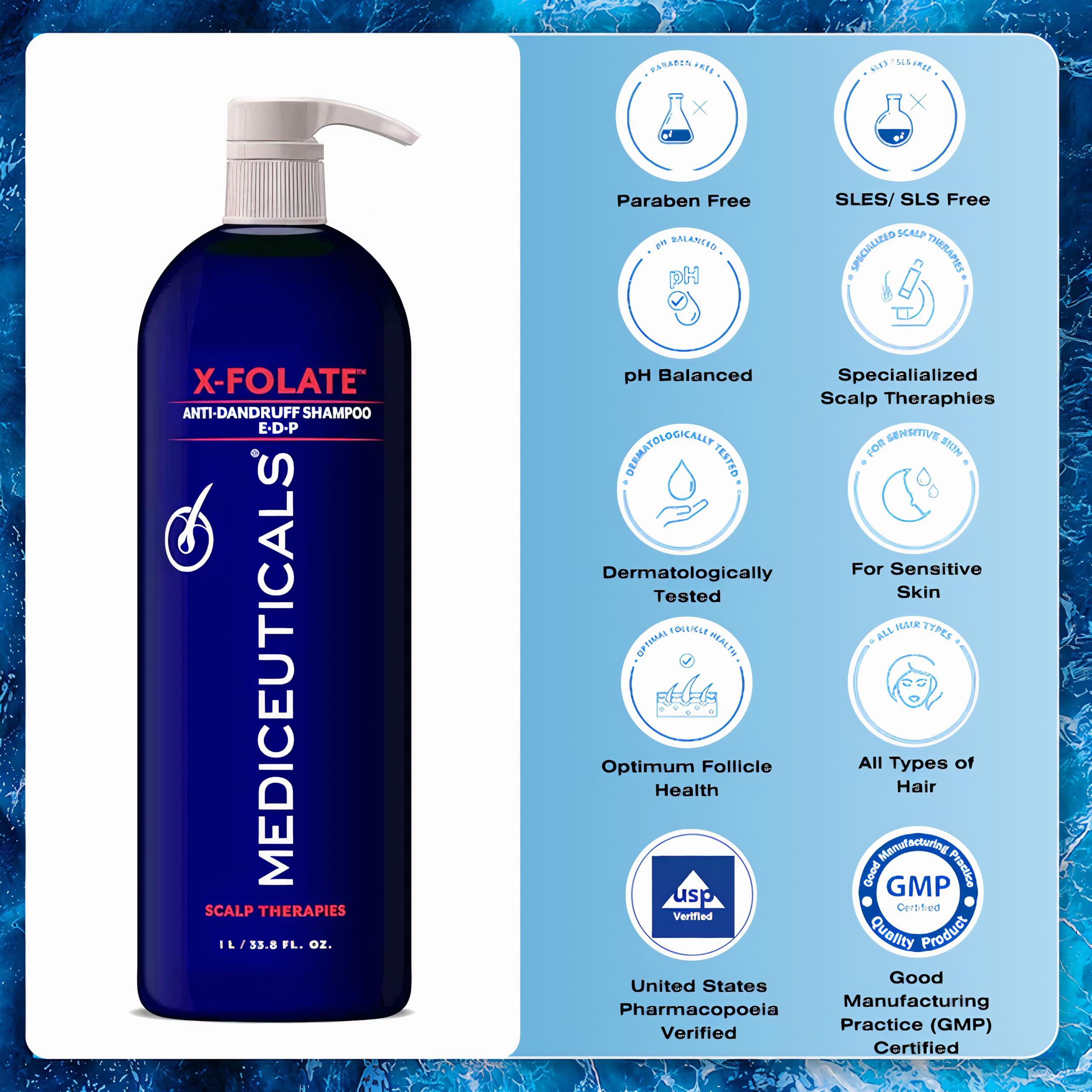 Mediceuticals Mediceuticals X-Folate Shampoo Anti Dandruff Shampoo for Women and Men Persistent Dandruff Control For Scaly, Flaky Scalp and Scalp Buildup - Reduces Itching - Large 33.8 oz (1 Liter)