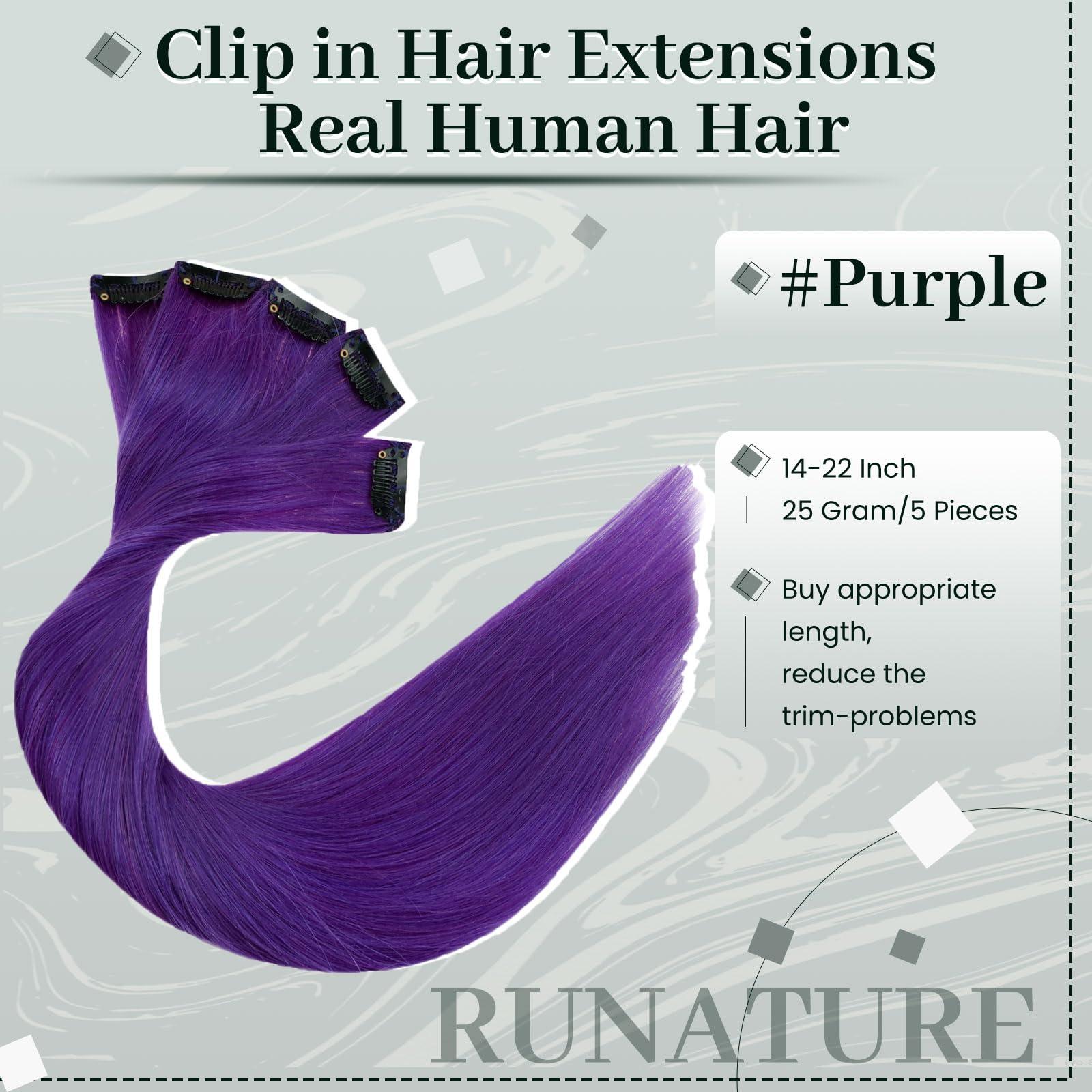 RUNATURE RUNATURE Purple Clip in Hair Extensions, Real Human Hair 22 Inch 25g 5pcs Long Colored Hair Extensions for Kids, Long Colorful Highlight Party Hair Extensions Easy Styling